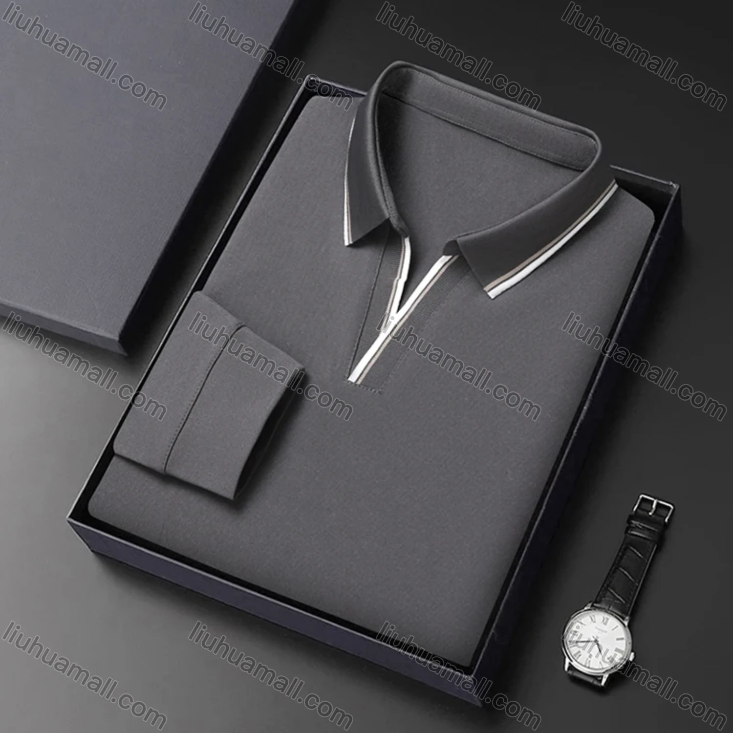 Wholesale Men's Casual Plain Notched Long Sleeve Ice Silk Striped Trim Henley Shirt 2512# - Liuhuamall