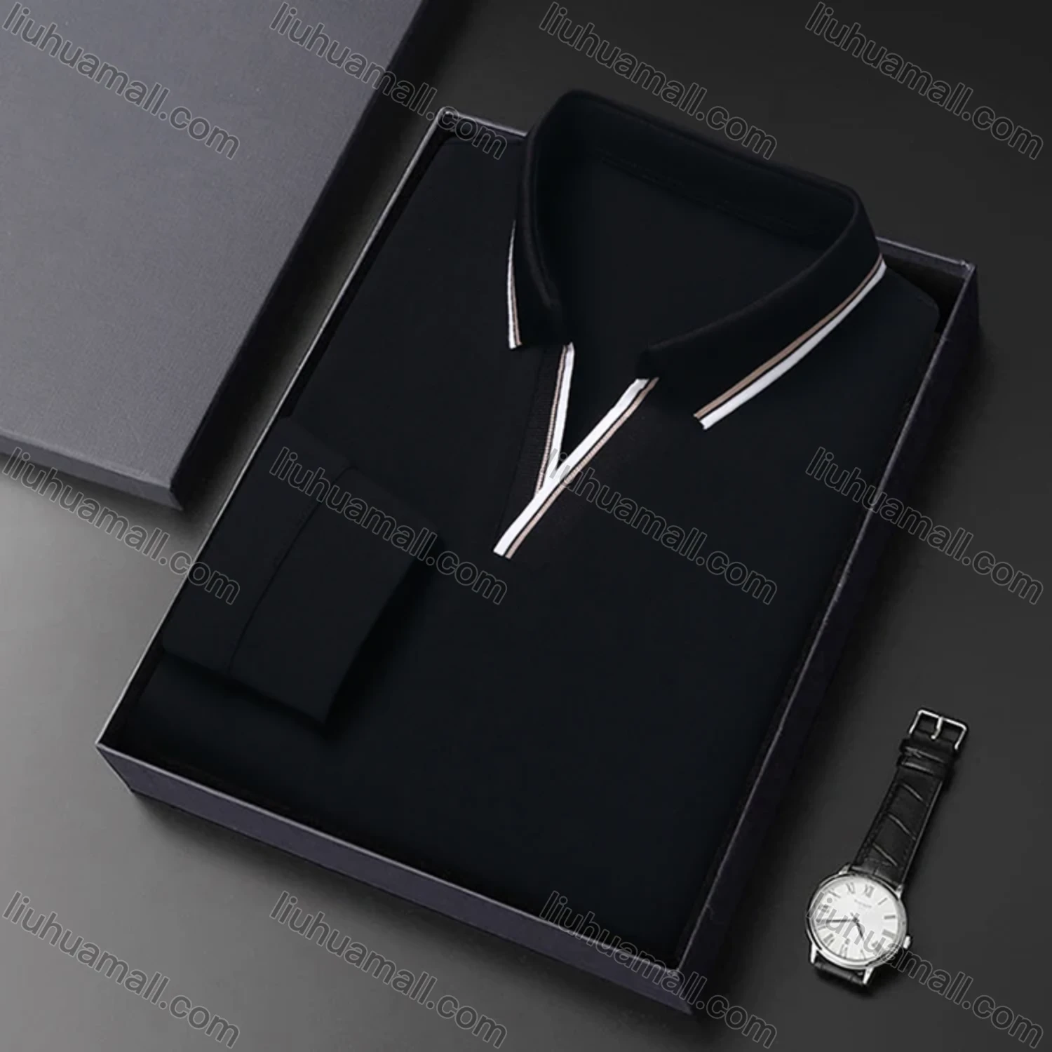 Wholesale Men's Casual Plain Notched Long Sleeve Ice Silk Striped Trim Henley Shirt 2512# - Liuhuamall