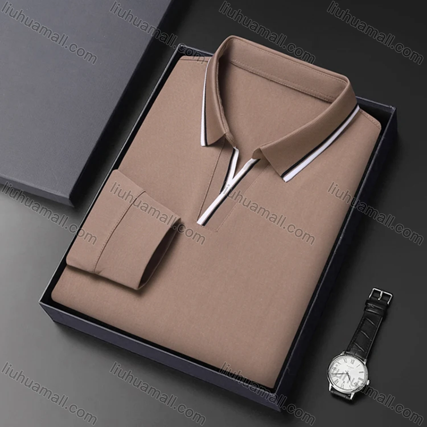 Wholesale Men's Casual Plain Notched Long Sleeve Ice Silk Striped Trim Henley Shirt 2512# - Liuhuamall