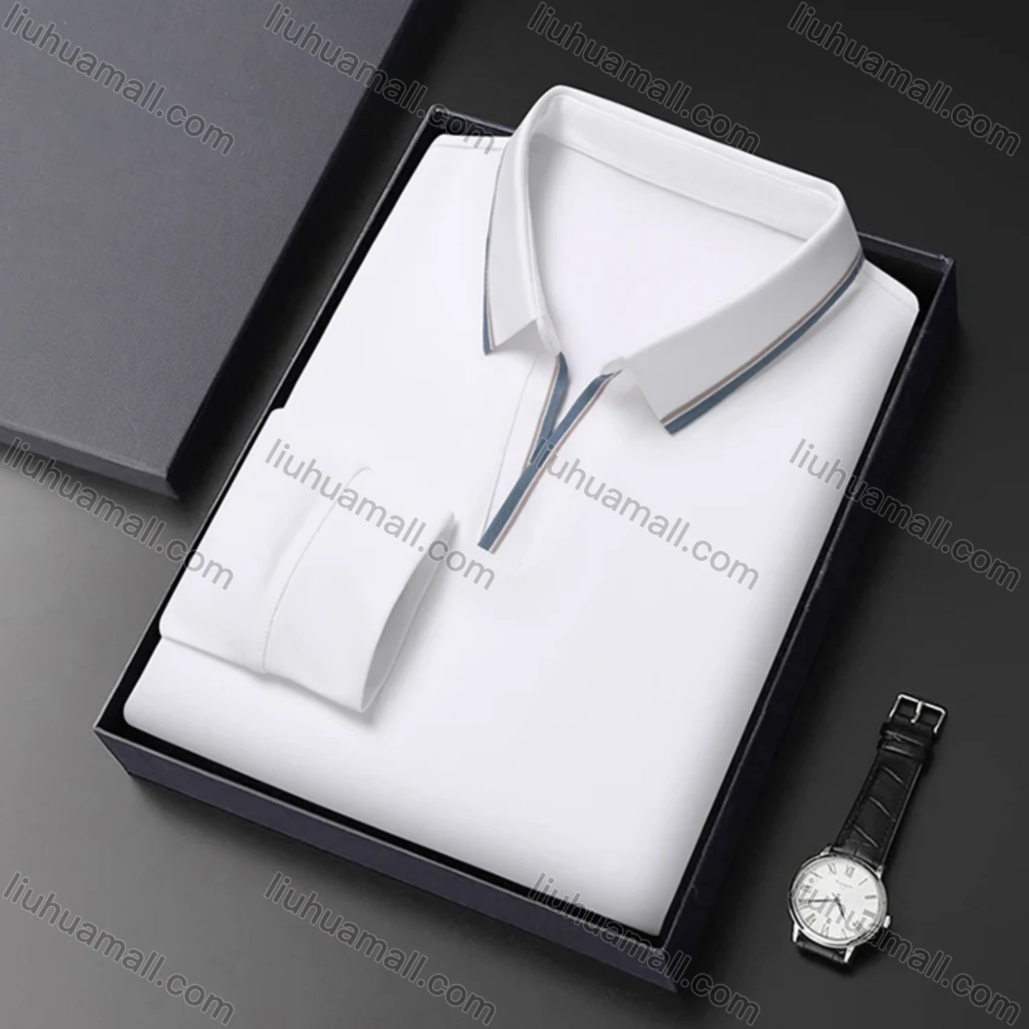 Wholesale Men's Casual Plain Notched Long Sleeve Ice Silk Striped Trim Henley Shirt 2512# - Liuhuamall