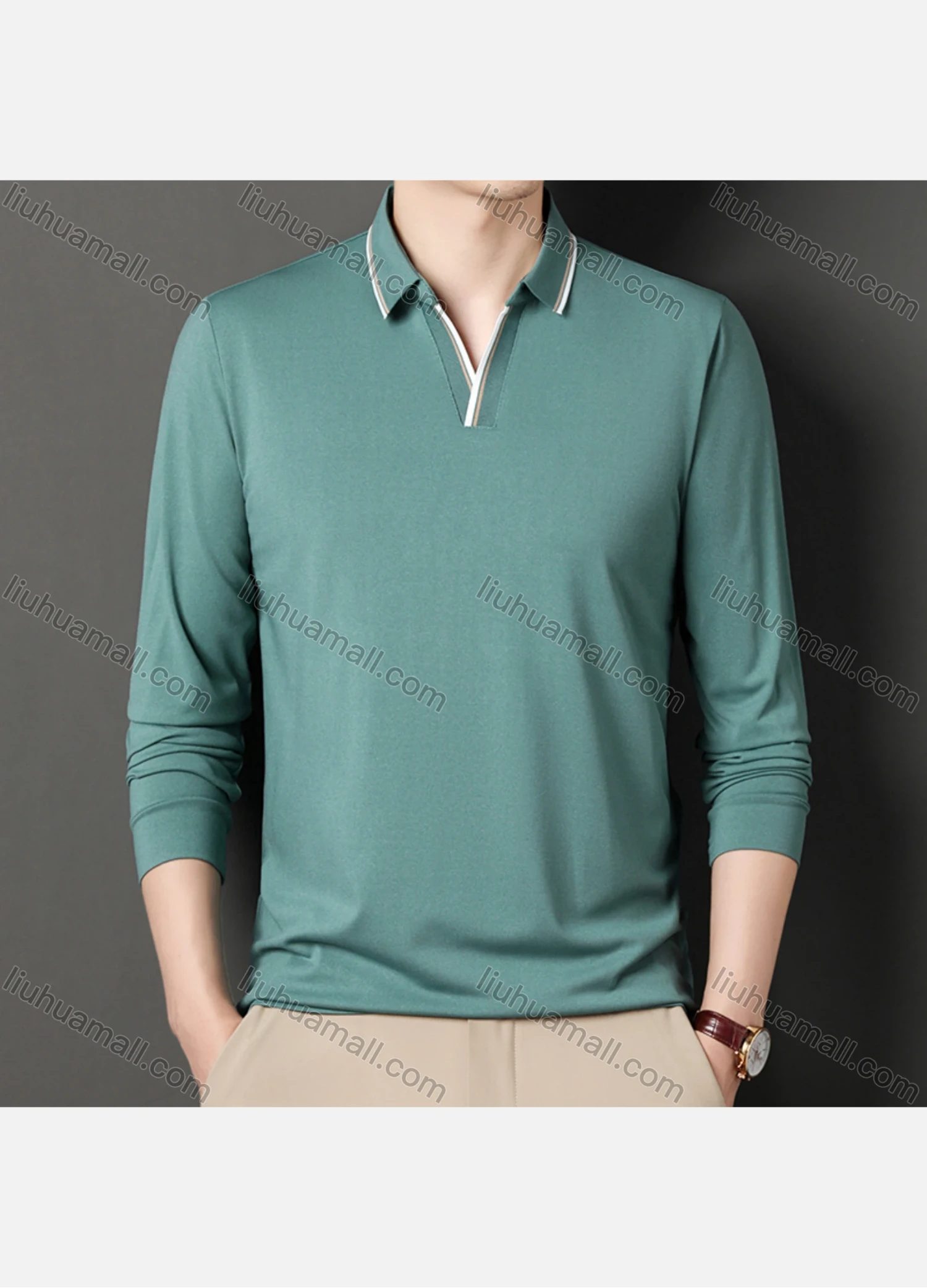 Wholesale Men's Casual Plain Notched Long Sleeve Ice Silk Striped Trim Henley Shirt 2512# - Liuhuamall