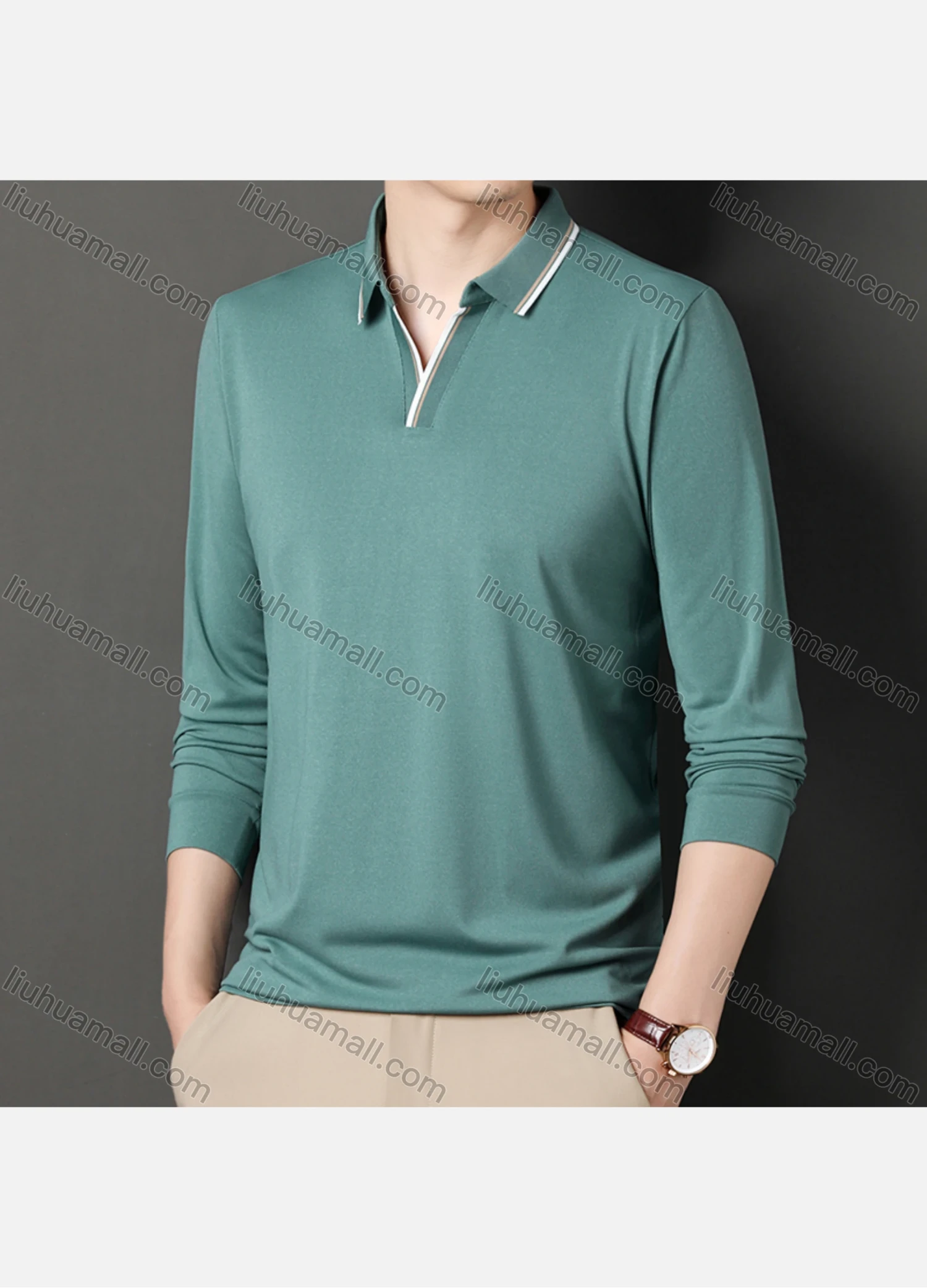 Wholesale Men's Casual Plain Notched Long Sleeve Ice Silk Striped Trim Henley Shirt 2512# - Liuhuamall