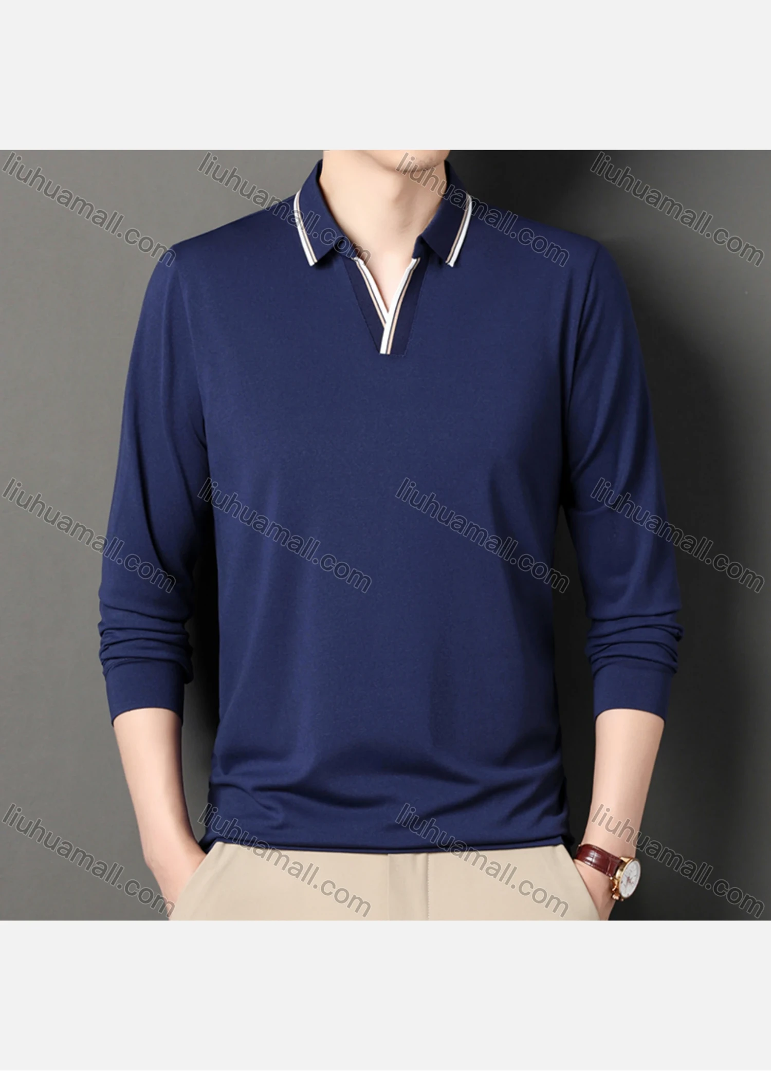 Wholesale Men's Casual Plain Notched Long Sleeve Ice Silk Striped Trim Henley Shirt 2512# - Liuhuamall