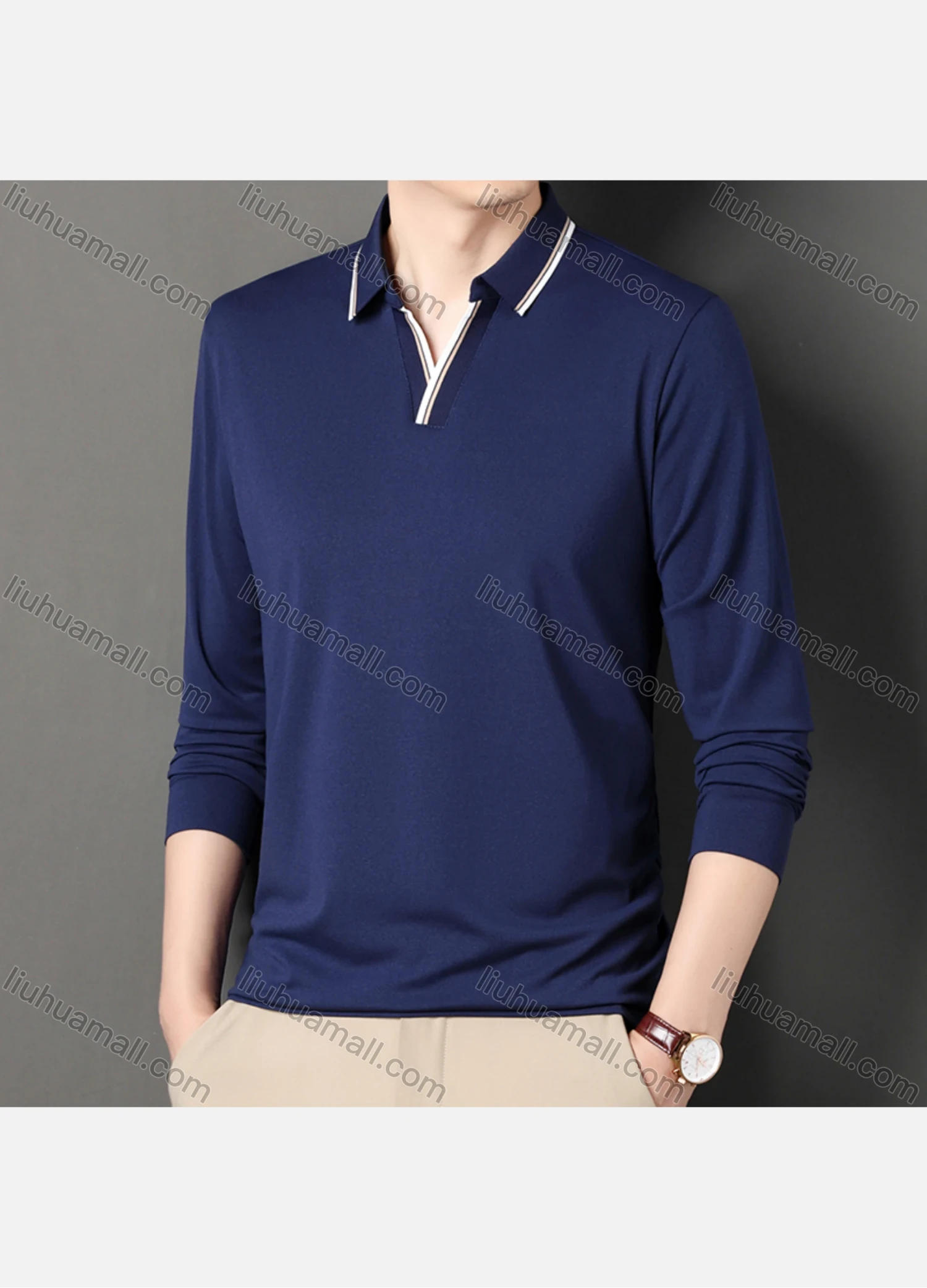 Wholesale Men's Casual Plain Notched Long Sleeve Ice Silk Striped Trim Henley Shirt 2512# - Liuhuamall