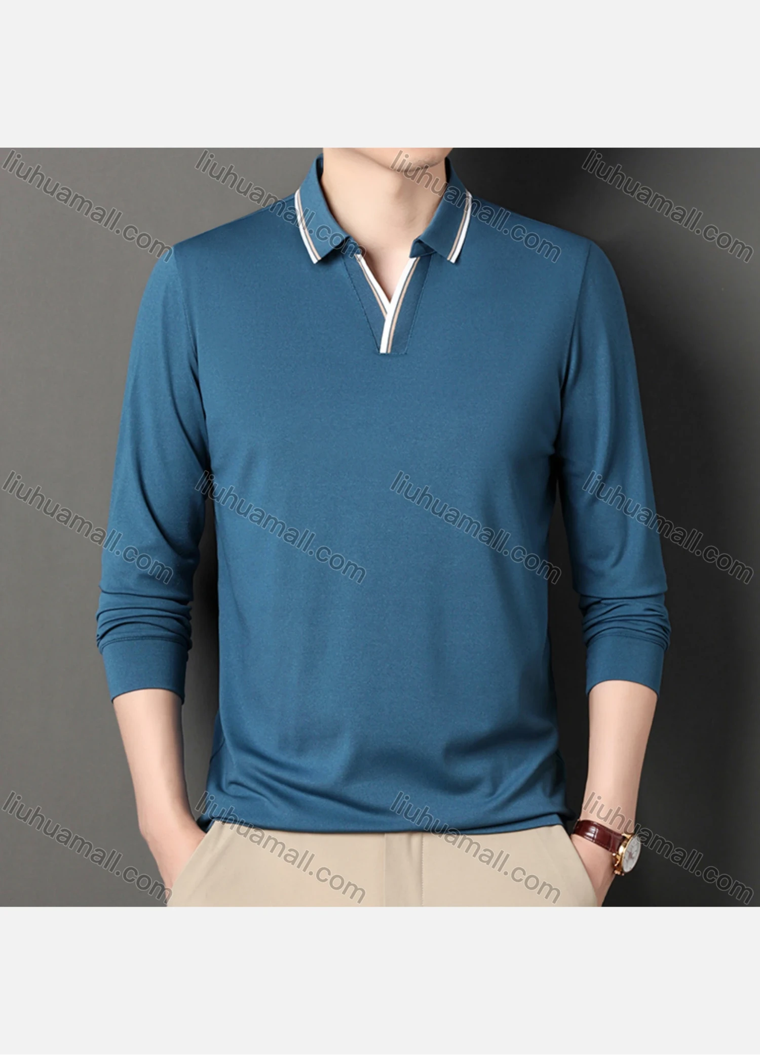 Wholesale Men's Casual Plain Notched Long Sleeve Ice Silk Striped Trim Henley Shirt 2512# - Liuhuamall