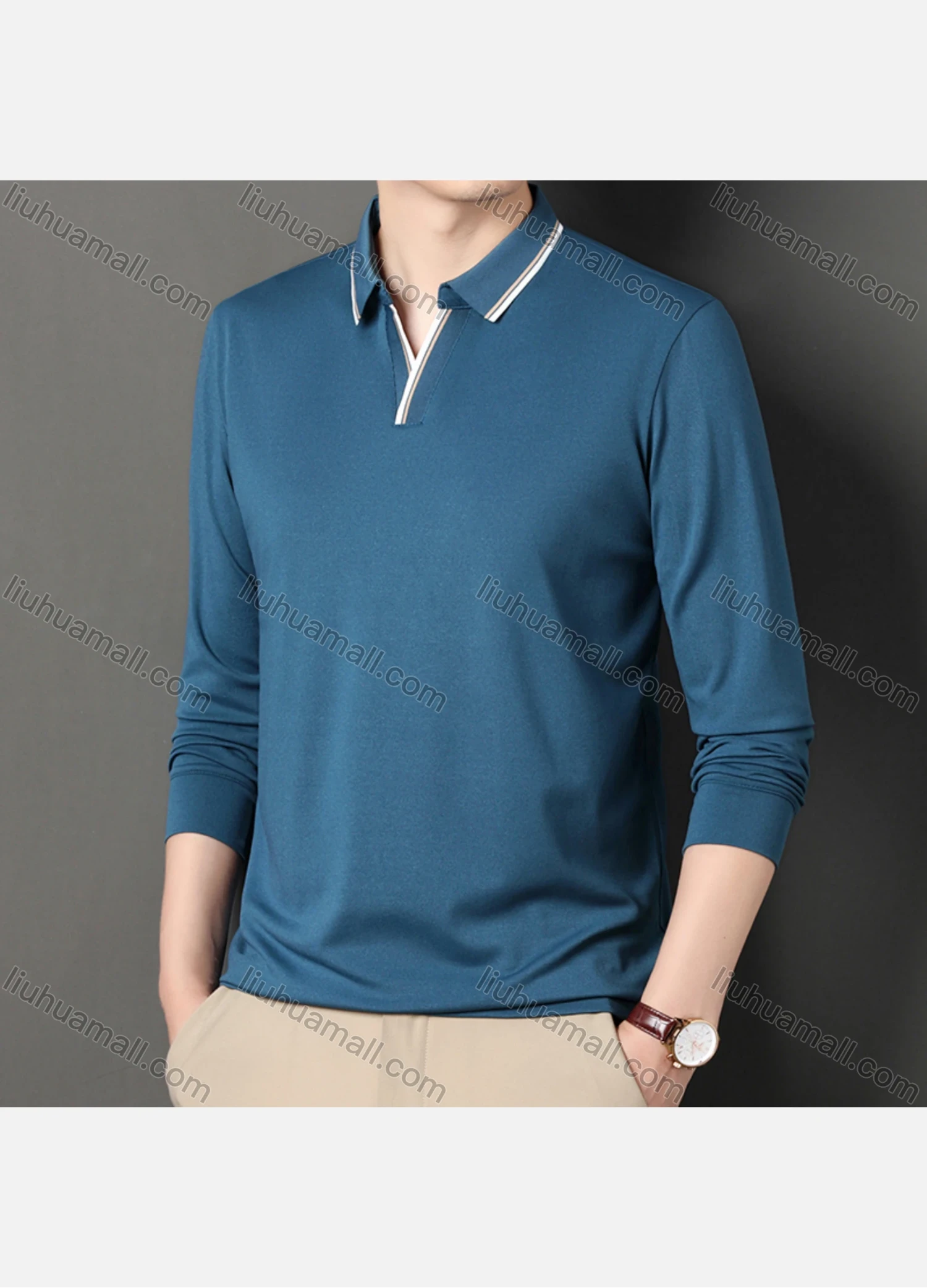 Wholesale Men's Casual Plain Notched Long Sleeve Ice Silk Striped Trim Henley Shirt 2512# - Liuhuamall