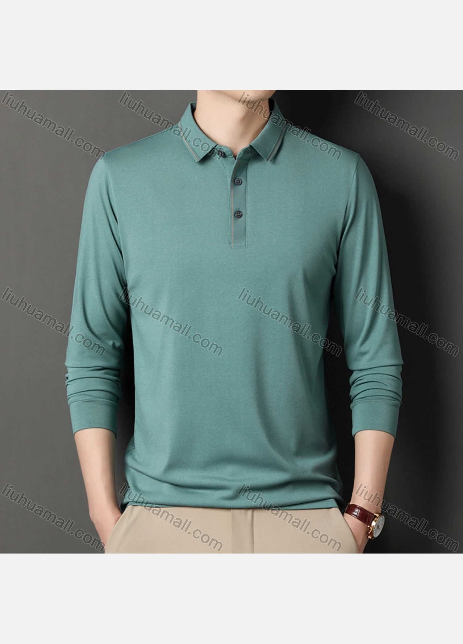 Wholesale Men's Business Plain Long Sleeve Striped Trim Slim Fit Polo Shirt 2513# - Liuhuamall