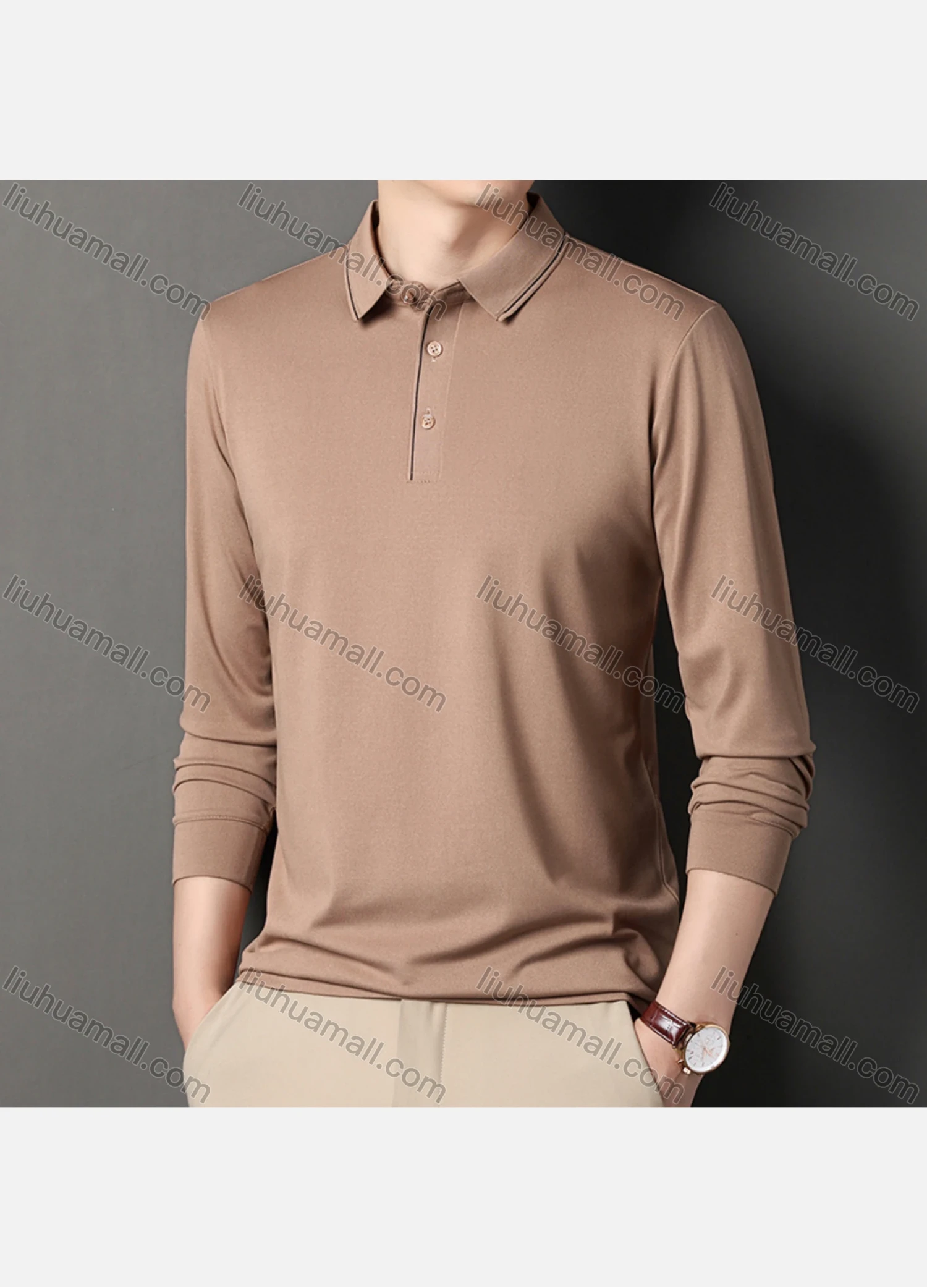 Wholesale Men's Business Plain Long Sleeve Striped Trim Slim Fit Polo Shirt 2513# - Liuhuamall