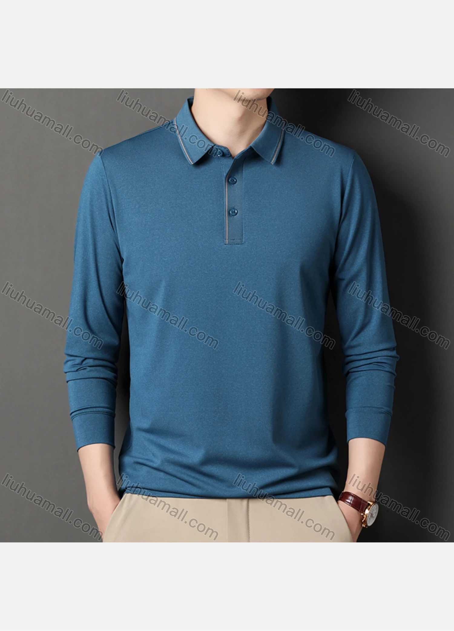 Wholesale Men's Business Plain Long Sleeve Striped Trim Slim Fit Polo Shirt 2513# - Liuhuamall