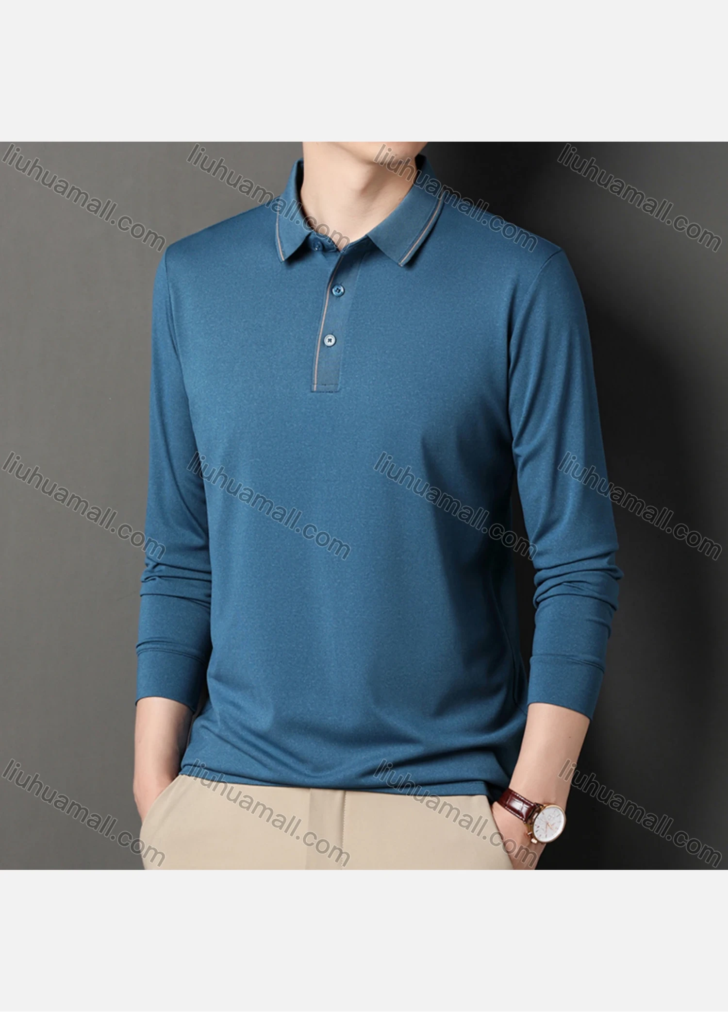Wholesale Men's Business Plain Long Sleeve Striped Trim Slim Fit Polo Shirt 2513# - Liuhuamall