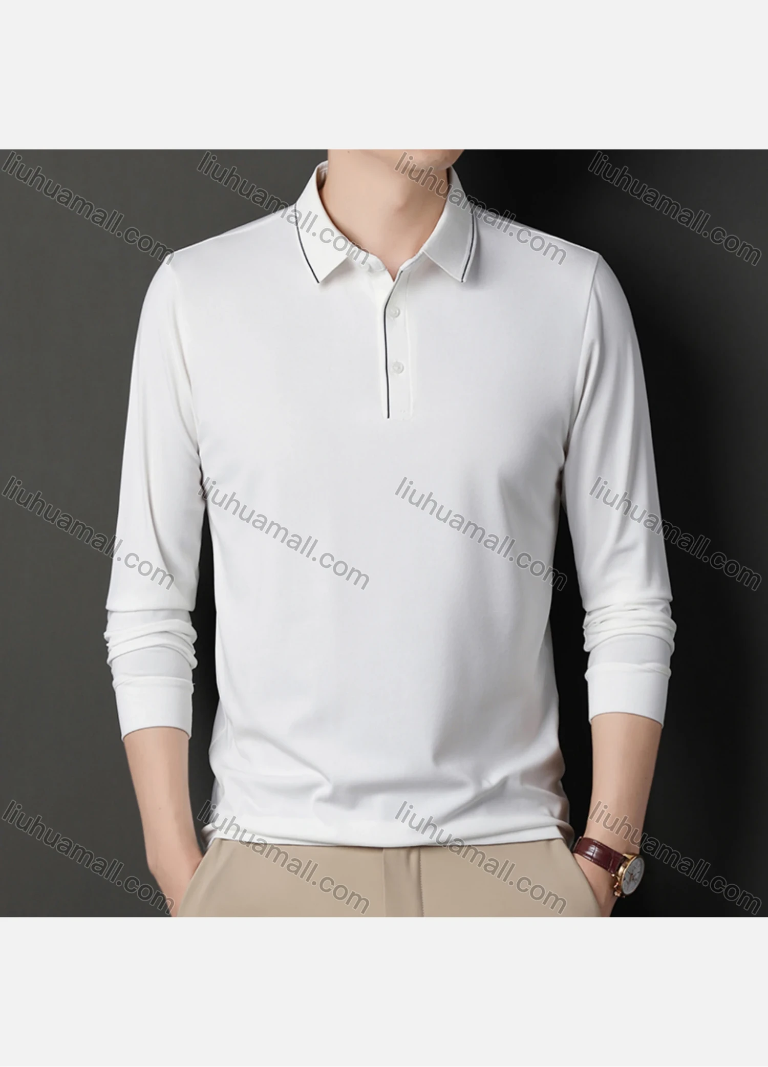 Wholesale Men's Business Plain Long Sleeve Striped Trim Slim Fit Polo Shirt 2513# - Liuhuamall