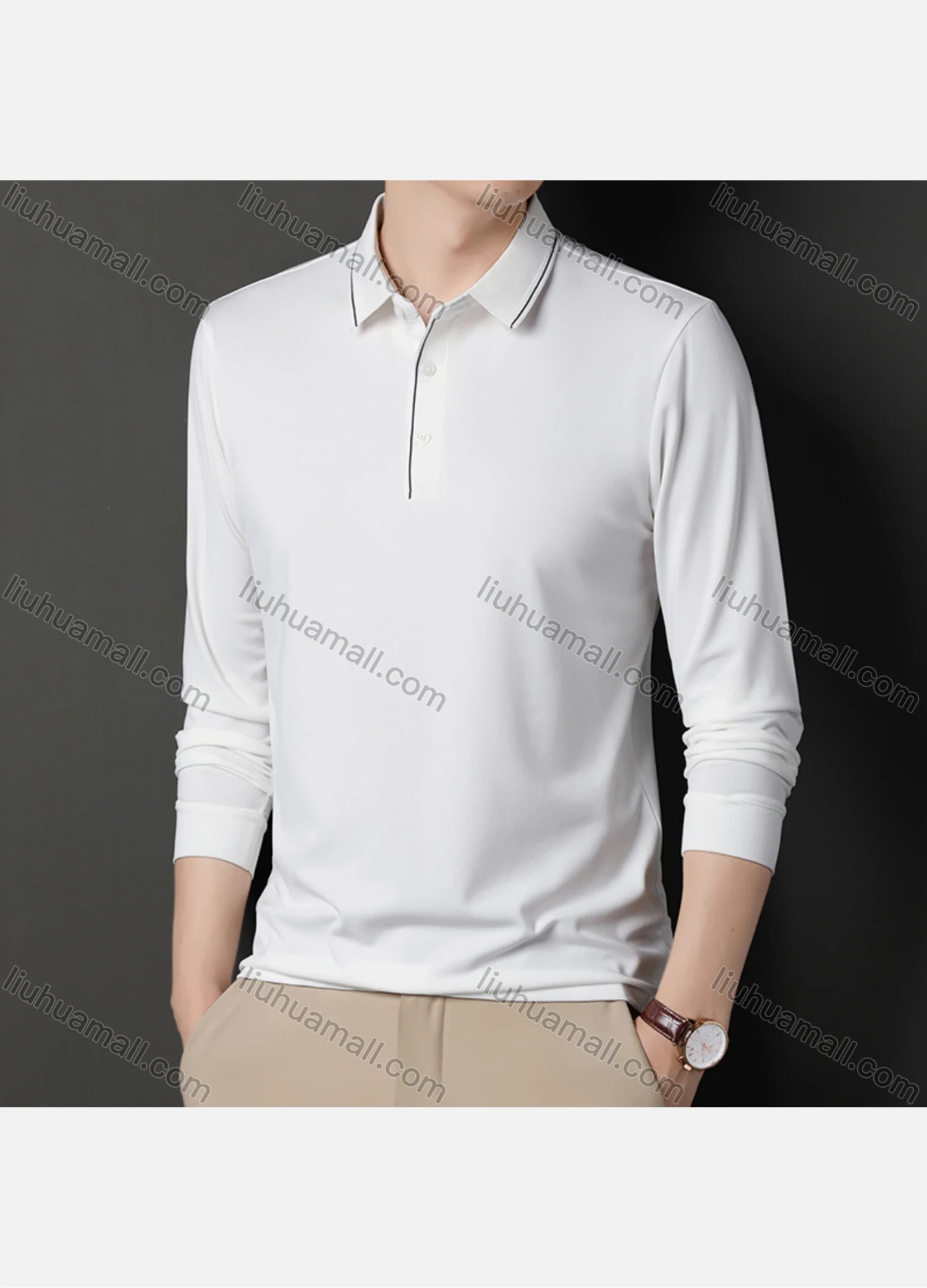Wholesale Men's Business Plain Long Sleeve Striped Trim Slim Fit Polo Shirt 2513# - Liuhuamall