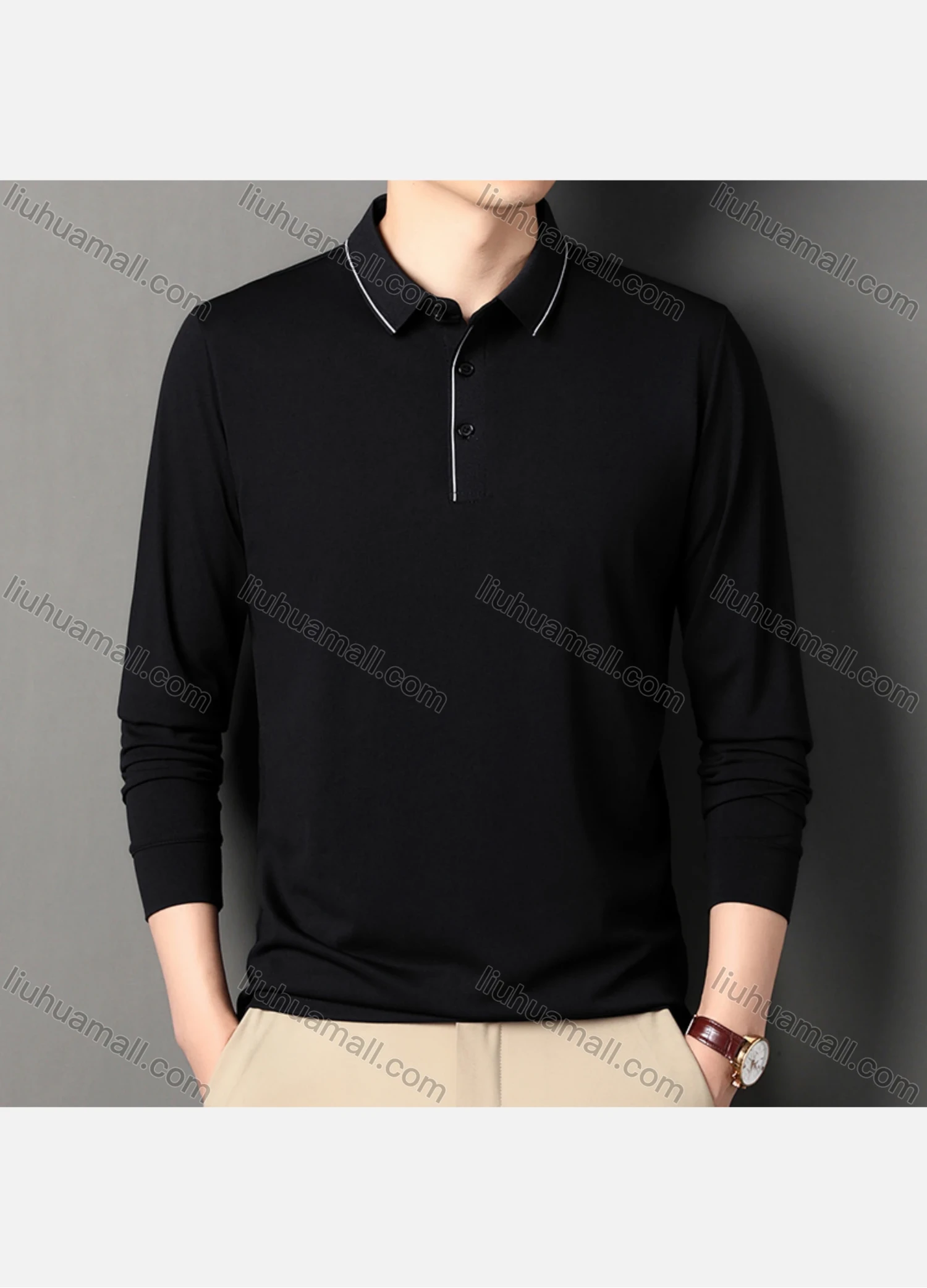 Wholesale Men's Business Plain Long Sleeve Striped Trim Slim Fit Polo Shirt 2513# - Liuhuamall