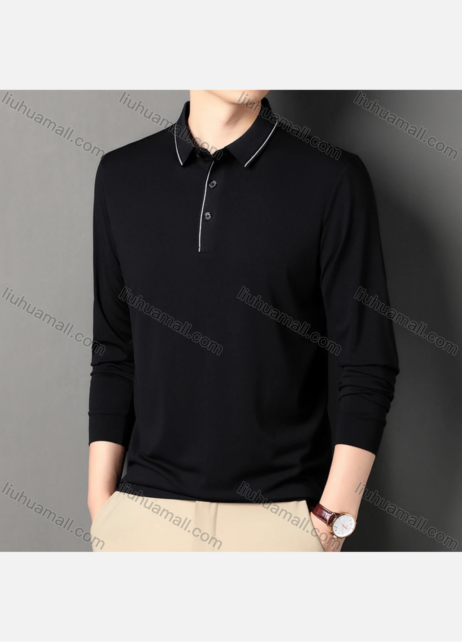 Wholesale Men's Business Plain Long Sleeve Striped Trim Slim Fit Polo Shirt 2513# - Liuhuamall