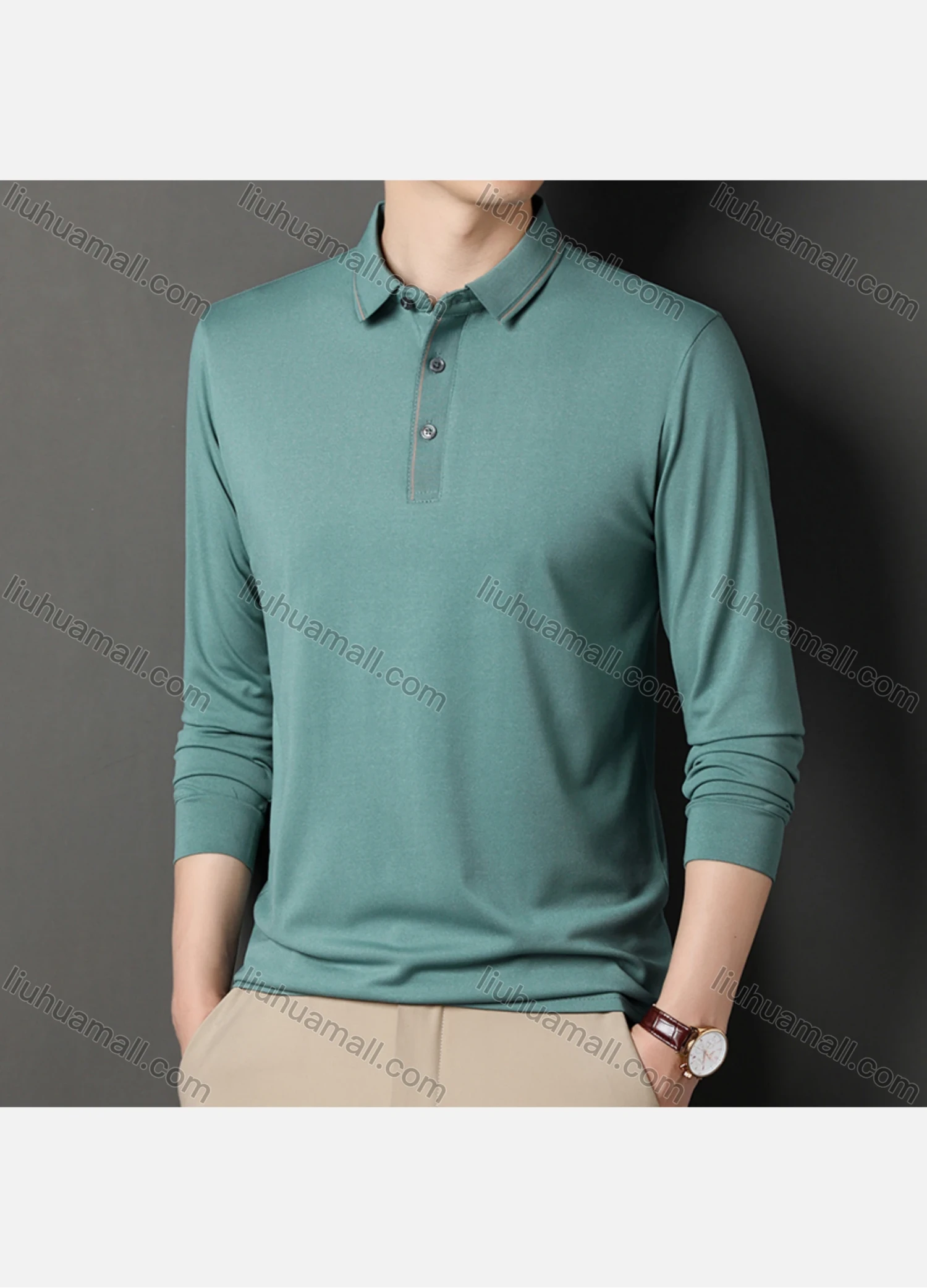 Wholesale Men's Business Plain Long Sleeve Striped Trim Slim Fit Polo Shirt 2513# - Liuhuamall