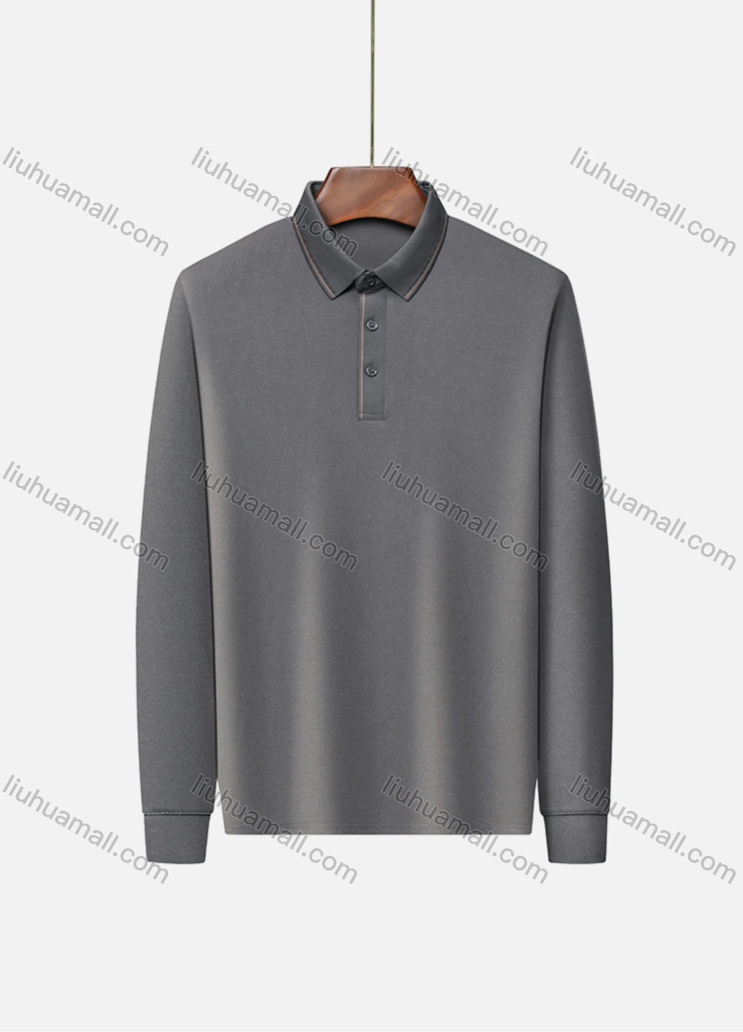 Wholesale Men's Business Plain Long Sleeve Striped Trim Slim Fit Polo Shirt 2513# - Liuhuamall