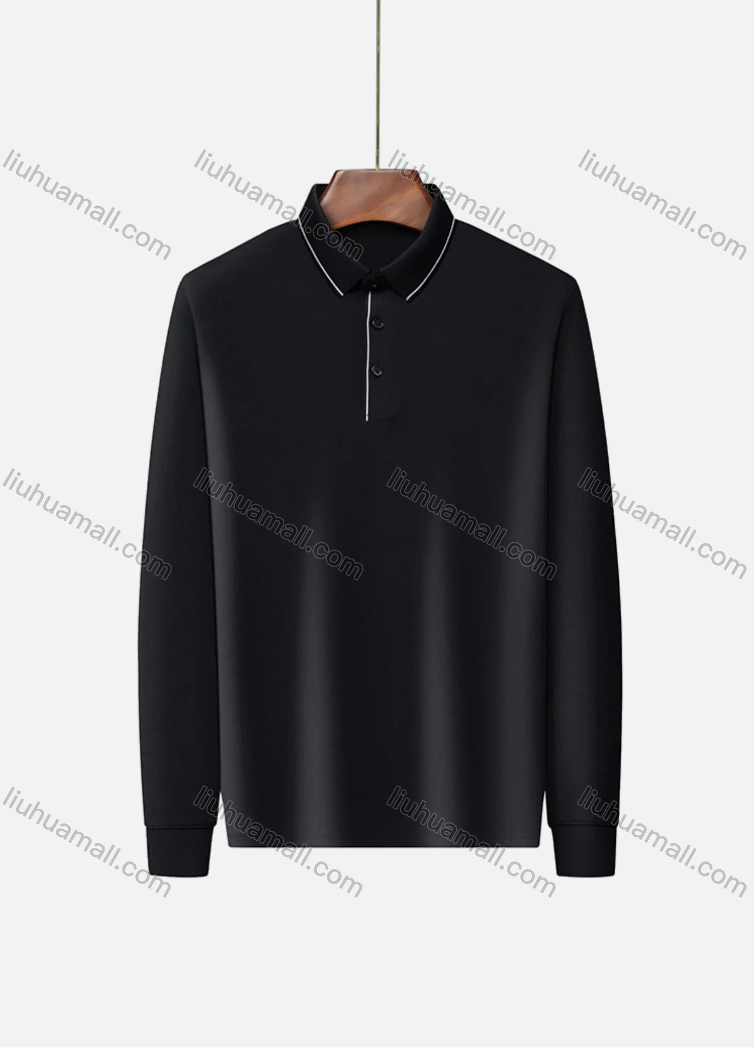 Wholesale Men's Business Plain Long Sleeve Striped Trim Slim Fit Polo Shirt 2513# - Liuhuamall
