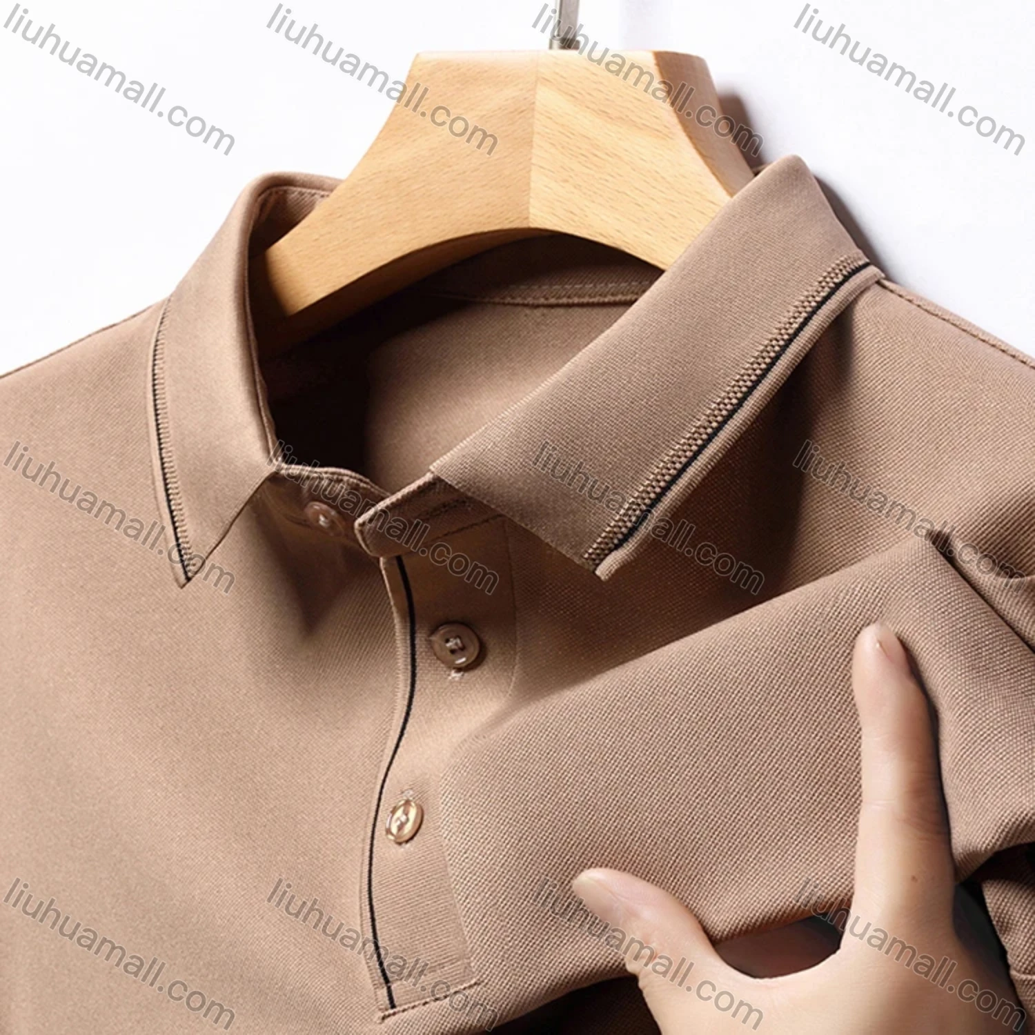 Wholesale Men's Business Plain Long Sleeve Striped Trim Slim Fit Polo Shirt 2513# - Liuhuamall