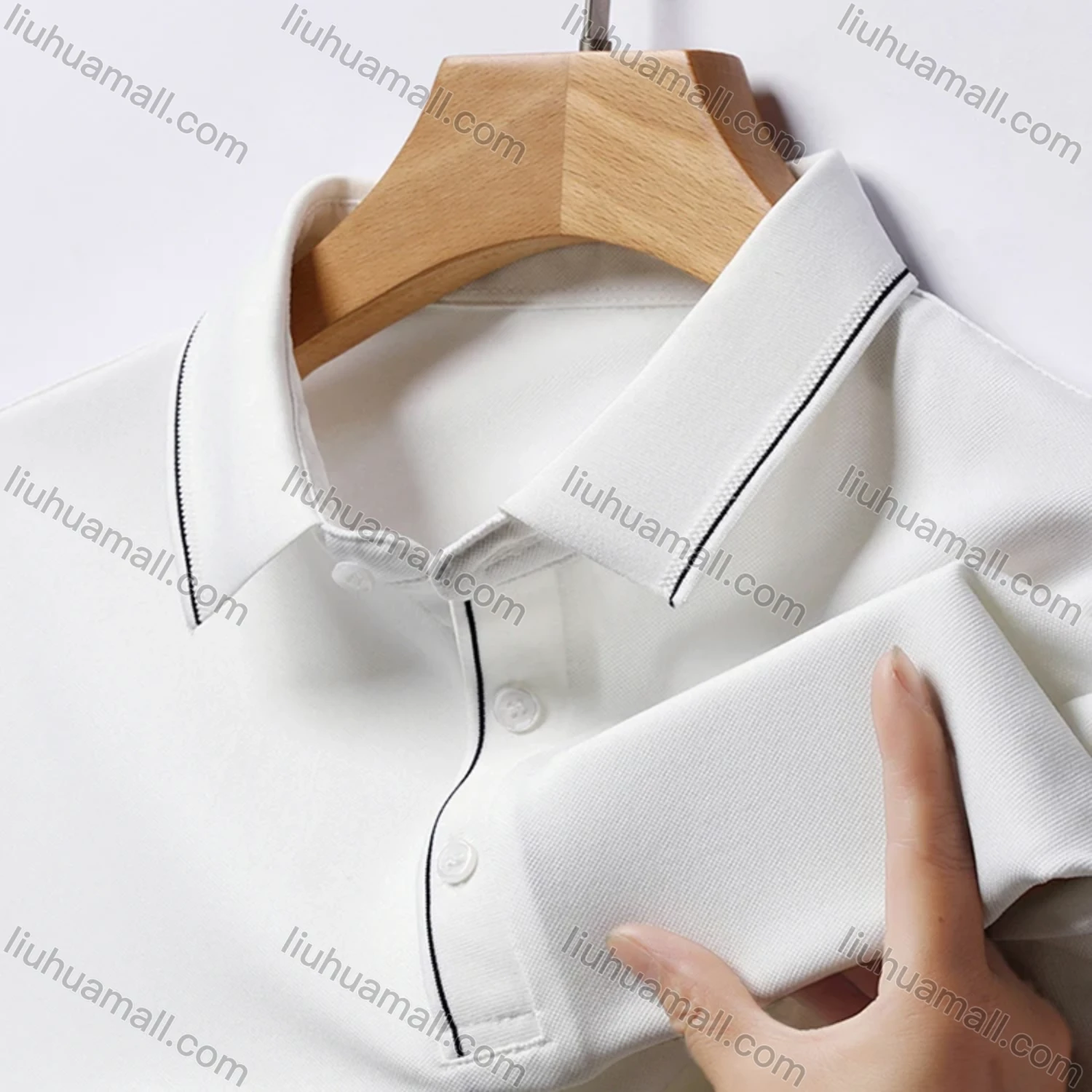 Wholesale Men's Business Plain Long Sleeve Striped Trim Slim Fit Polo Shirt 2513# - Liuhuamall