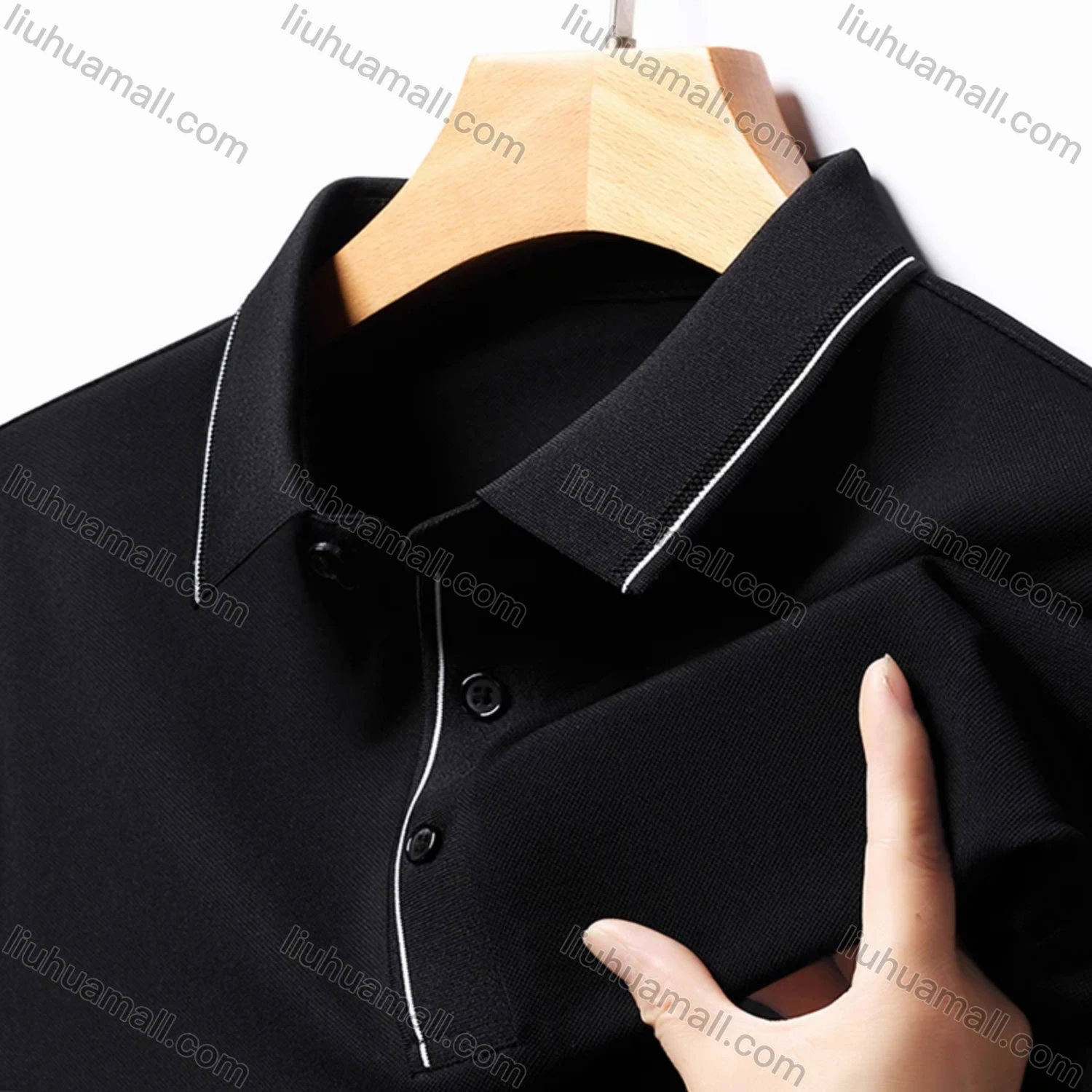 Wholesale Men's Business Plain Long Sleeve Striped Trim Slim Fit Polo Shirt 2513# - Liuhuamall