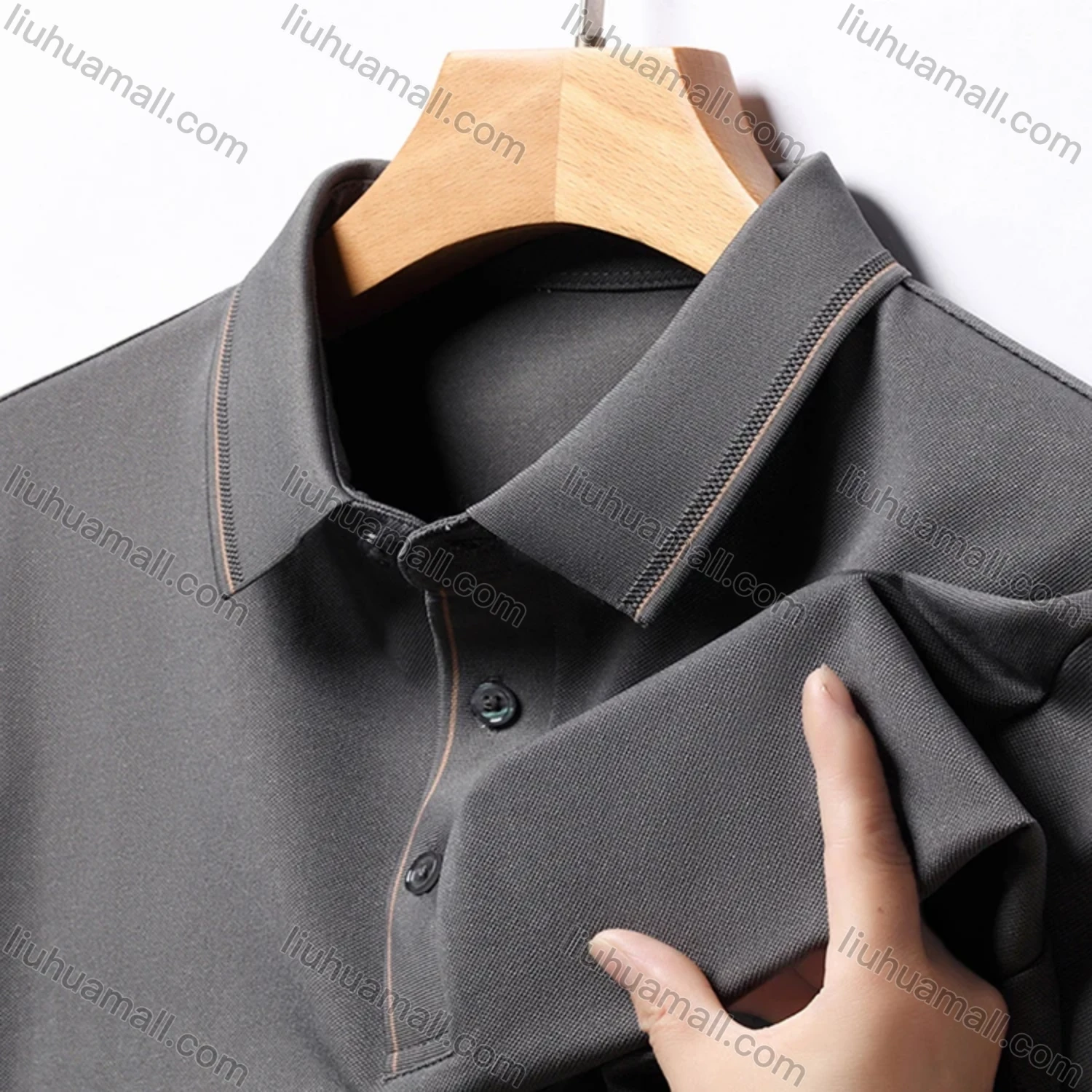 Wholesale Men's Business Plain Long Sleeve Striped Trim Slim Fit Polo Shirt 2513# - Liuhuamall