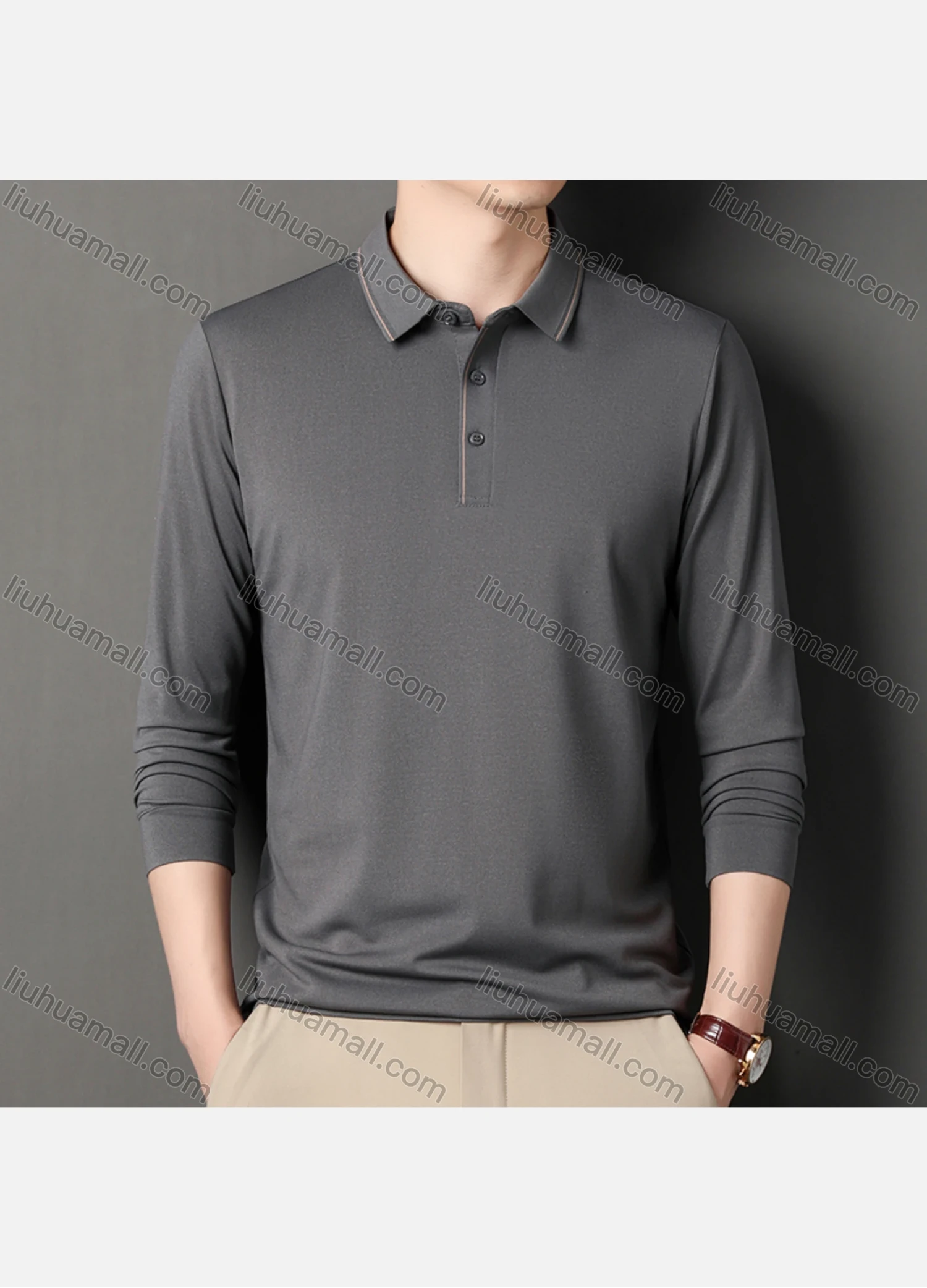 Wholesale Men's Business Plain Long Sleeve Striped Trim Slim Fit Polo Shirt 2513# - Liuhuamall