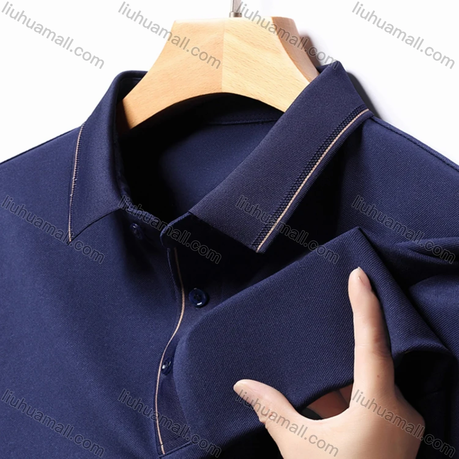 Wholesale Men's Business Plain Long Sleeve Striped Trim Slim Fit Polo Shirt 2513# - Liuhuamall