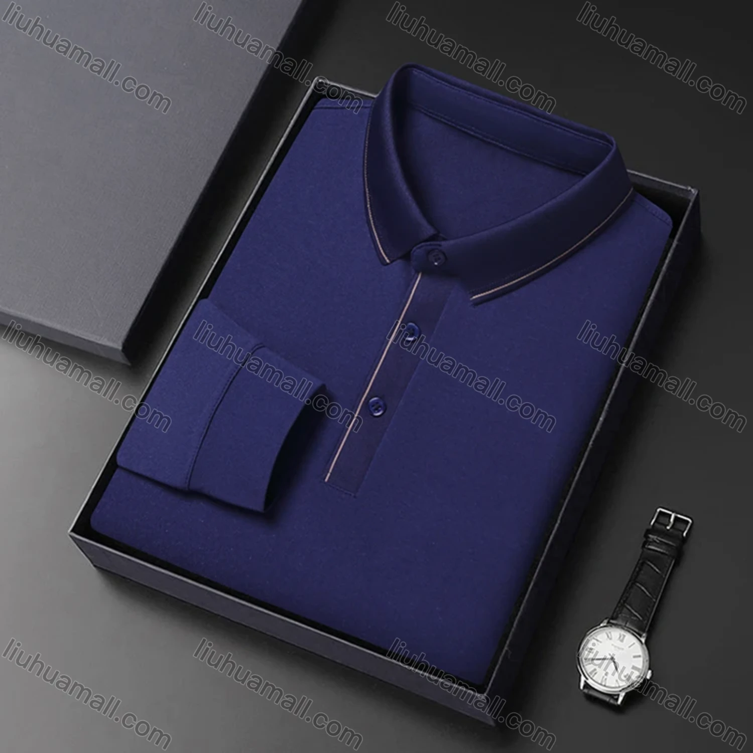 Wholesale Men's Business Plain Long Sleeve Striped Trim Slim Fit Polo Shirt 2513# - Liuhuamall