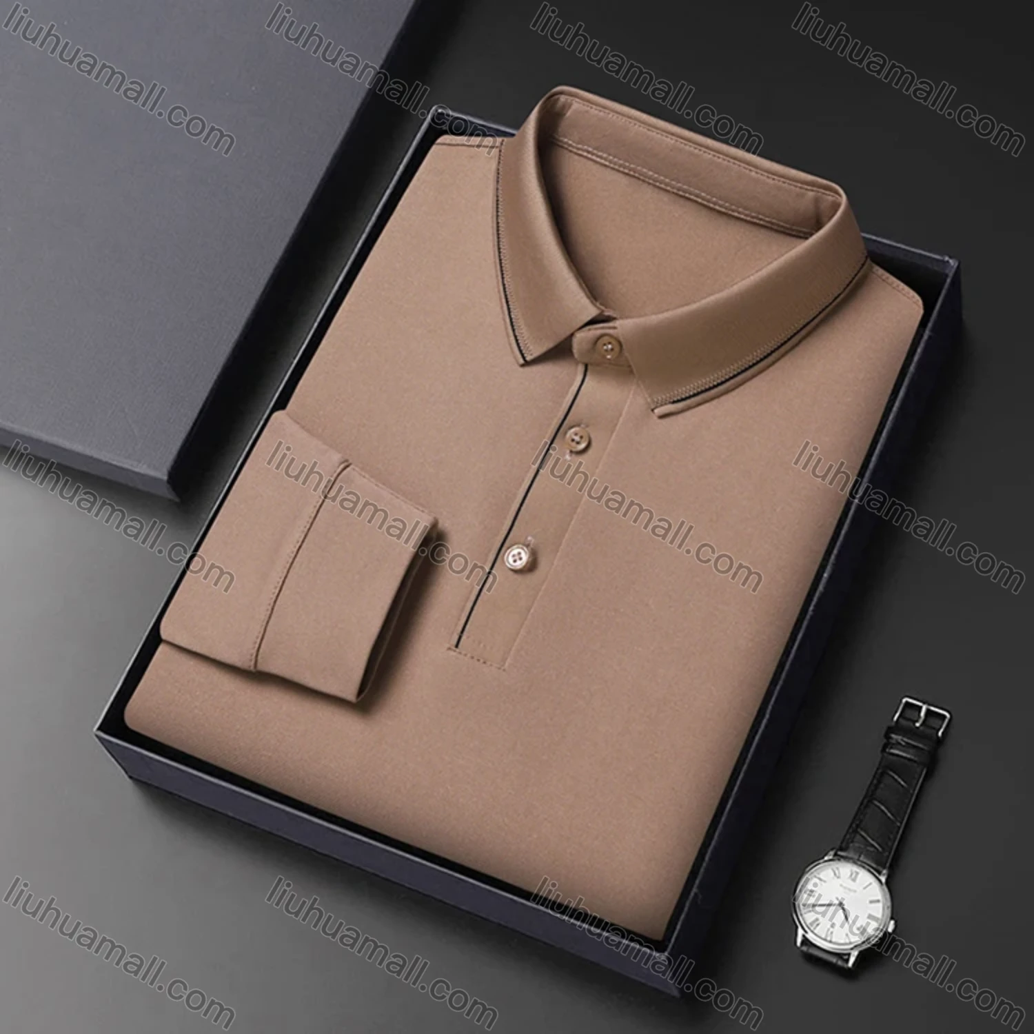 Wholesale Men's Business Plain Long Sleeve Striped Trim Slim Fit Polo Shirt 2513# - Liuhuamall