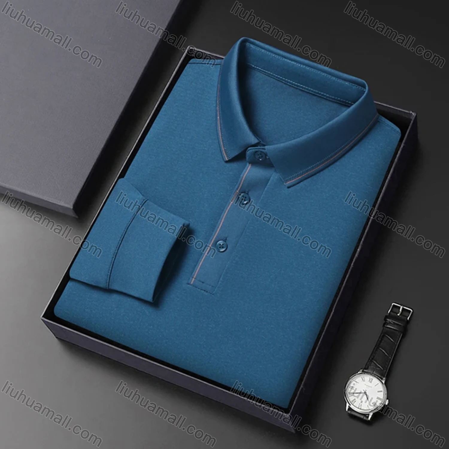 Wholesale Men's Business Plain Long Sleeve Striped Trim Slim Fit Polo Shirt 2513# - Liuhuamall