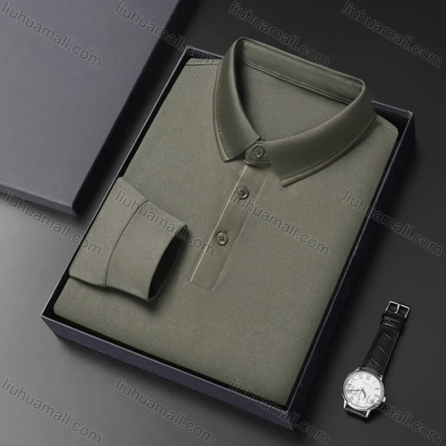 Wholesale Men's Business Plain Long Sleeve Striped Trim Slim Fit Polo Shirt 2513# - Liuhuamall