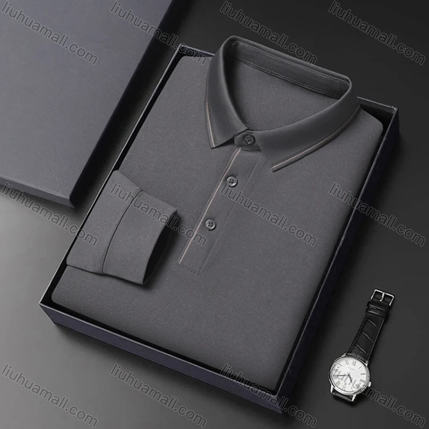 Wholesale Men's Business Plain Long Sleeve Striped Trim Slim Fit Polo Shirt 2513# - Liuhuamall