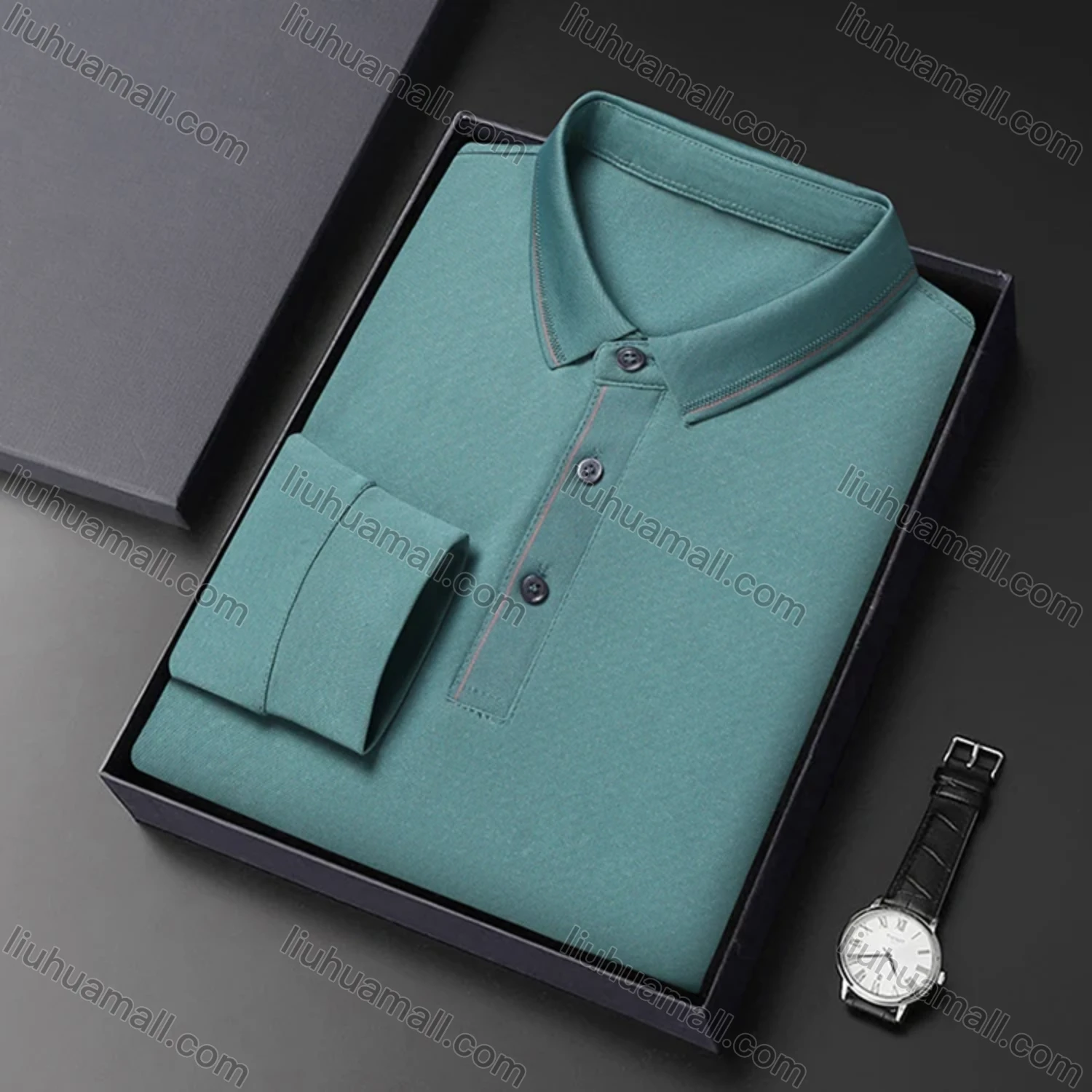 Wholesale Men's Business Plain Long Sleeve Striped Trim Slim Fit Polo Shirt 2513# - Liuhuamall