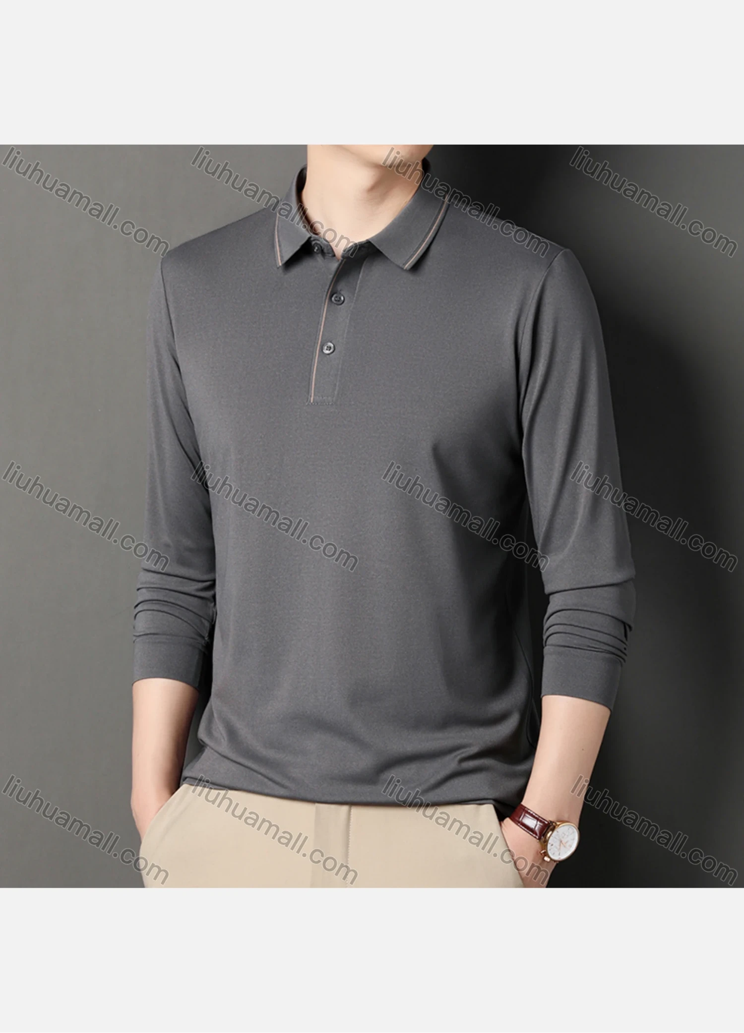 Wholesale Men's Business Plain Long Sleeve Striped Trim Slim Fit Polo Shirt 2513# - Liuhuamall