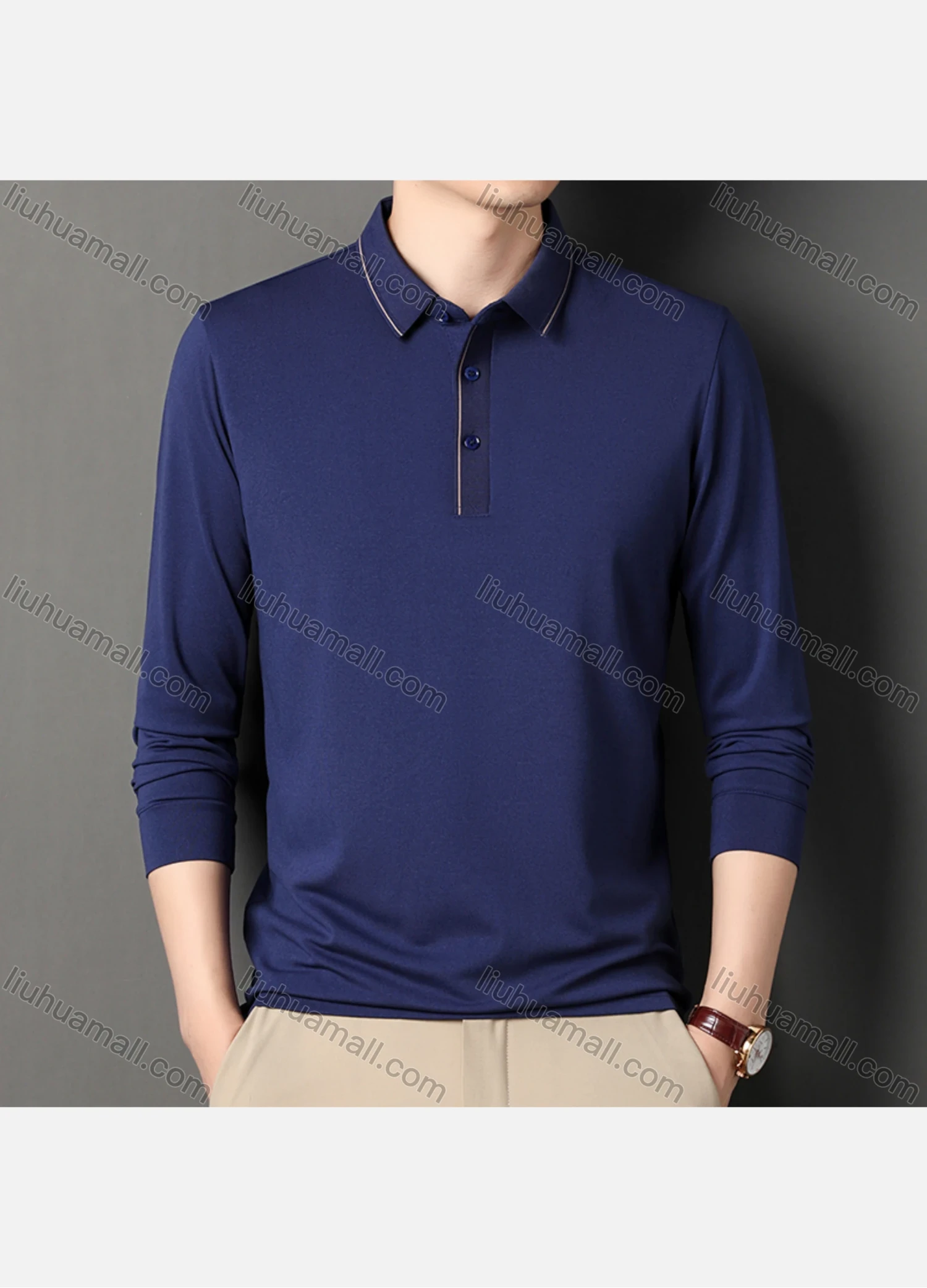 Wholesale Men's Business Plain Long Sleeve Striped Trim Slim Fit Polo Shirt 2513# - Liuhuamall