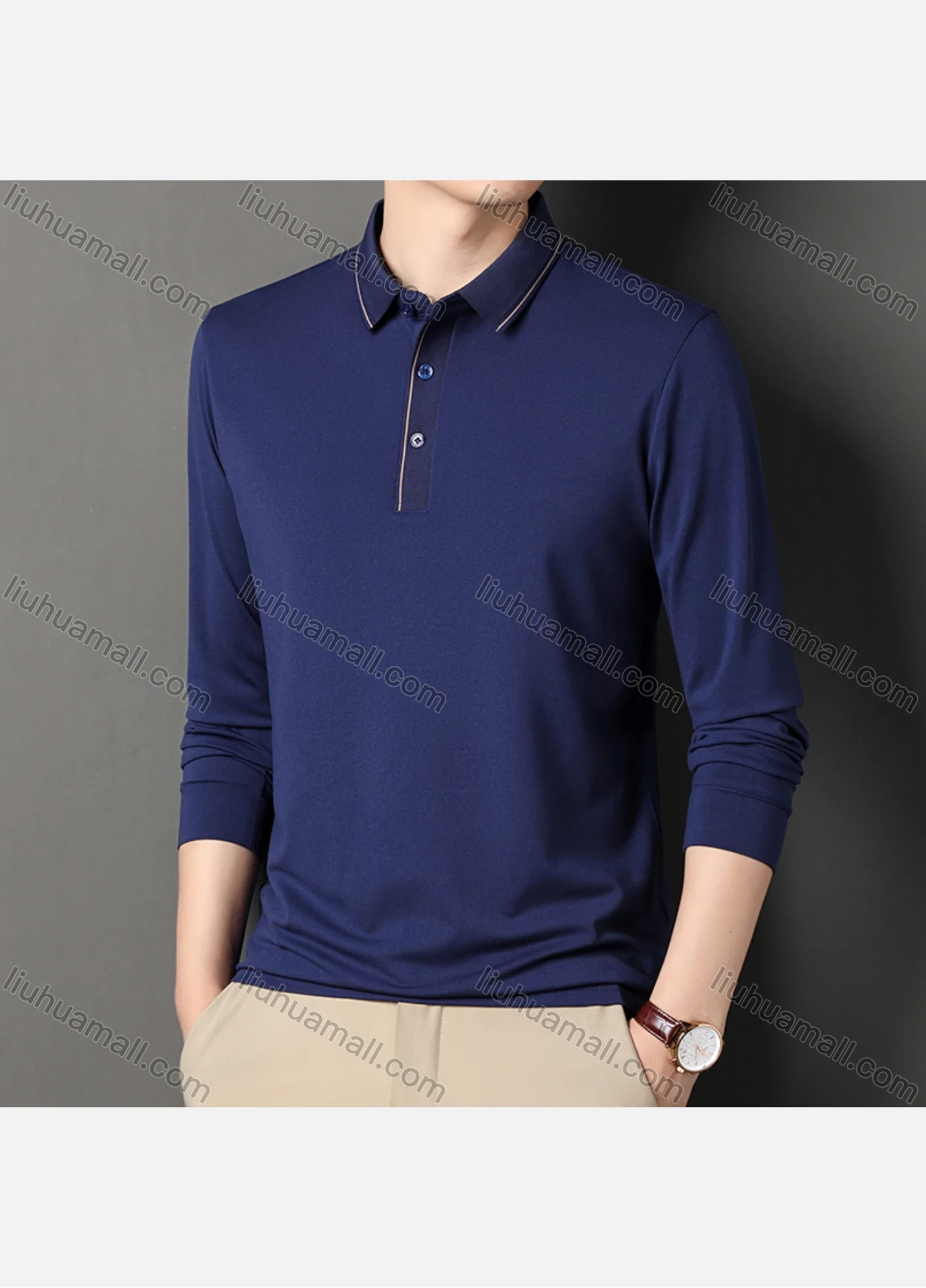 Wholesale Men's Business Plain Long Sleeve Striped Trim Slim Fit Polo Shirt 2513# - Liuhuamall