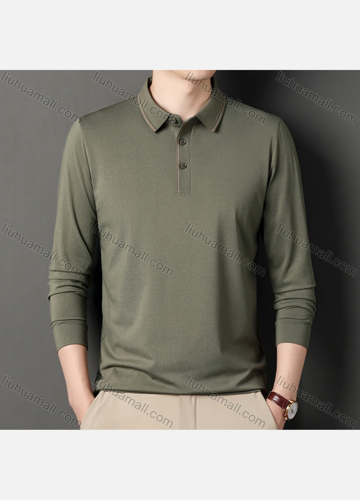Wholesale Men's Business Plain Long Sleeve Striped Trim Slim Fit Polo Shirt 2513# - Liuhuamall