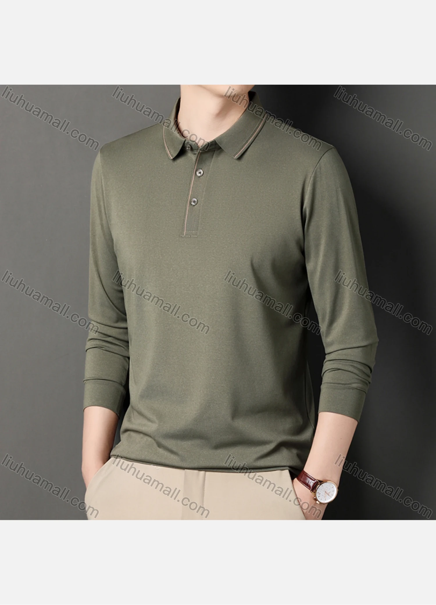 Wholesale Men's Business Plain Long Sleeve Striped Trim Slim Fit Polo Shirt 2513# - Liuhuamall
