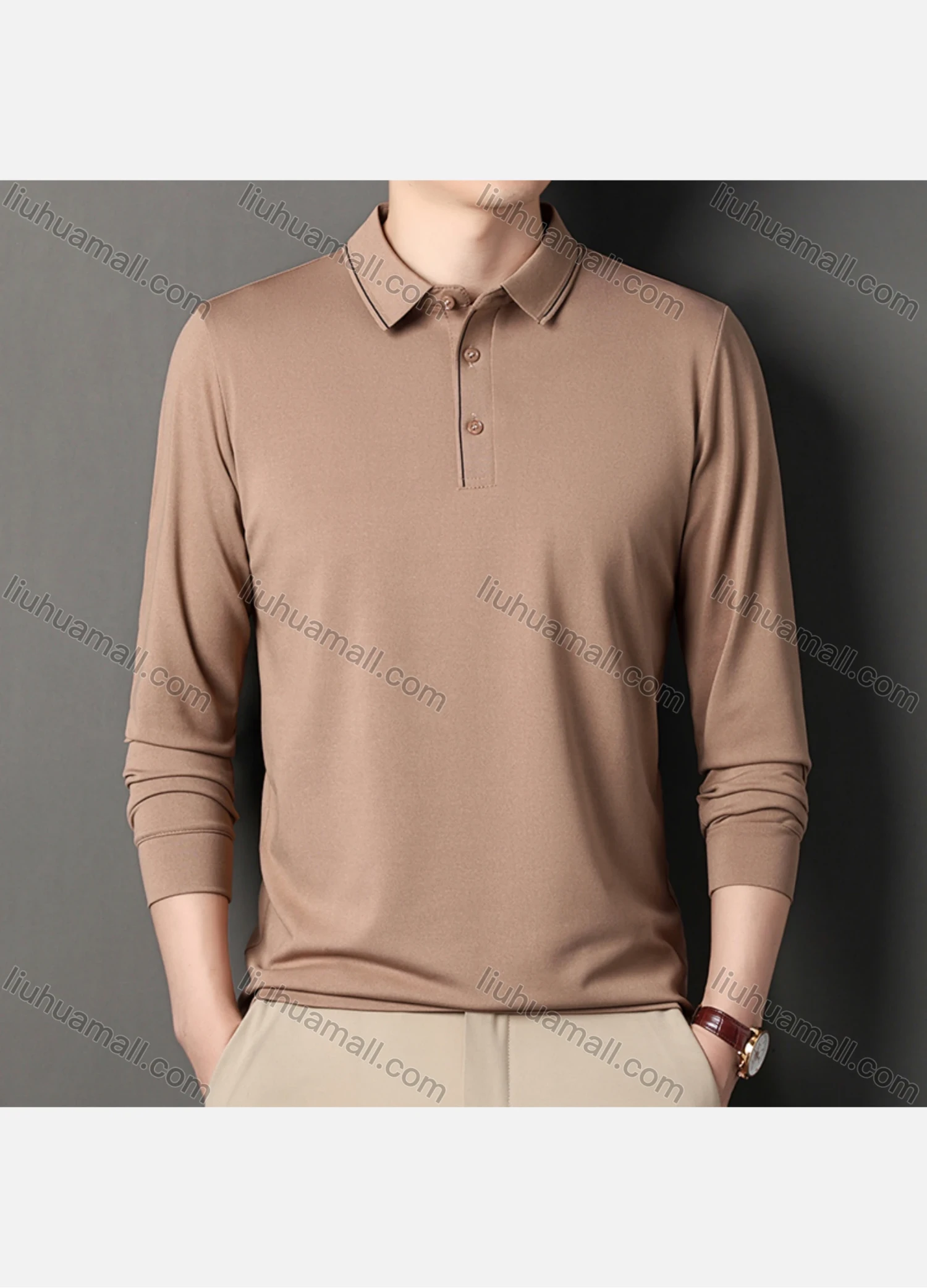 Wholesale Men's Business Plain Long Sleeve Striped Trim Slim Fit Polo Shirt 2513# - Liuhuamall