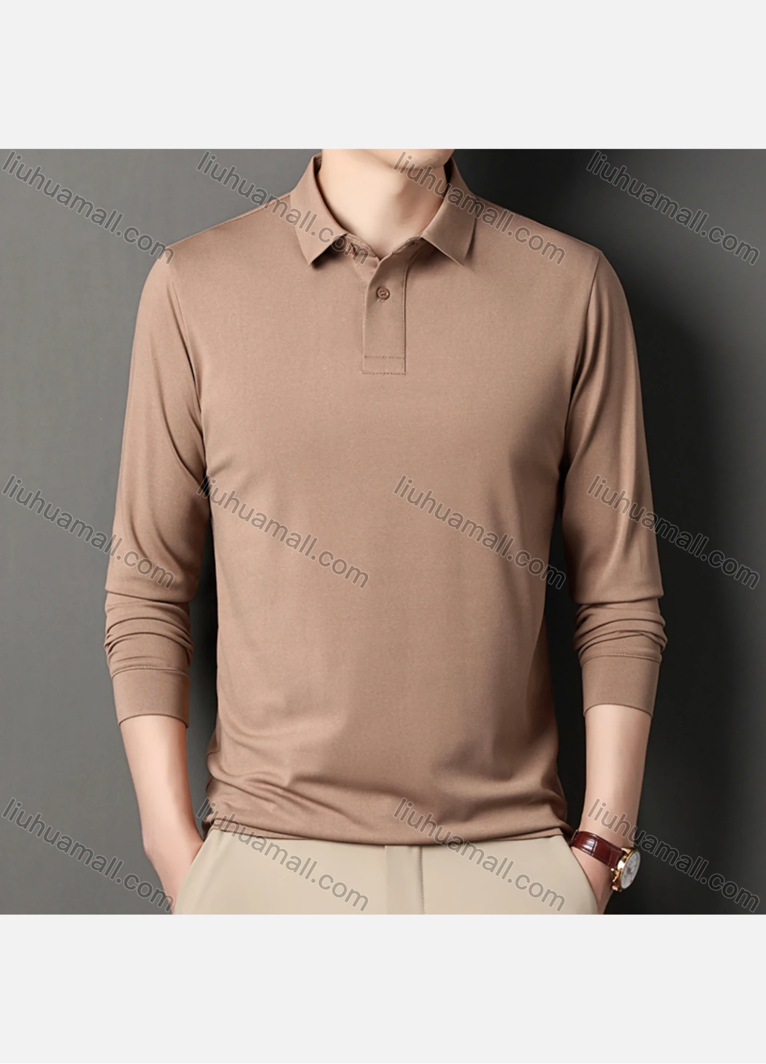 Wholesale Men's Business Plain Long Sleeve Slim Fit Polo Shirt 2515# - Liuhuamall