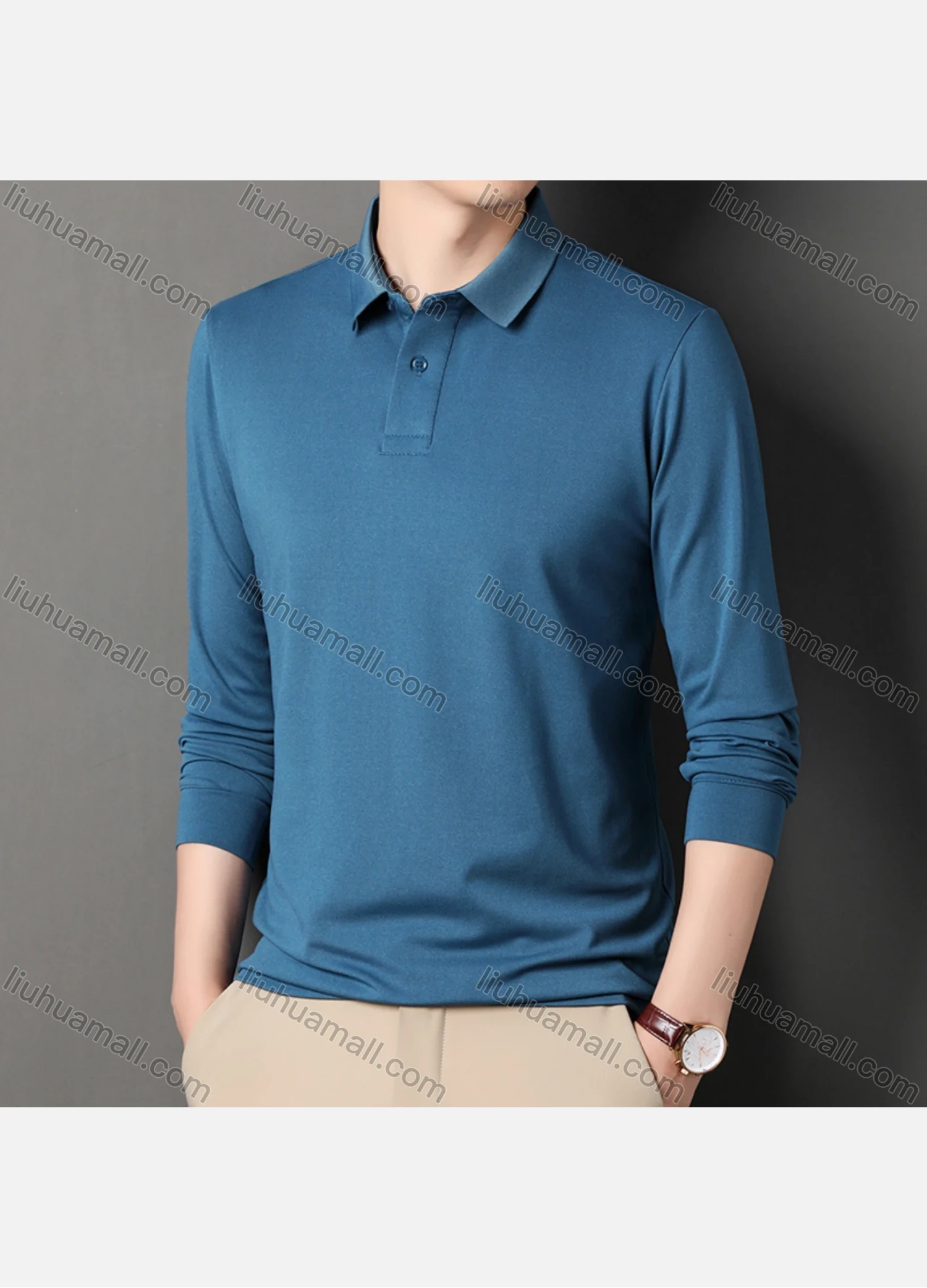 Wholesale Men's Business Plain Long Sleeve Slim Fit Polo Shirt 2515# - Liuhuamall