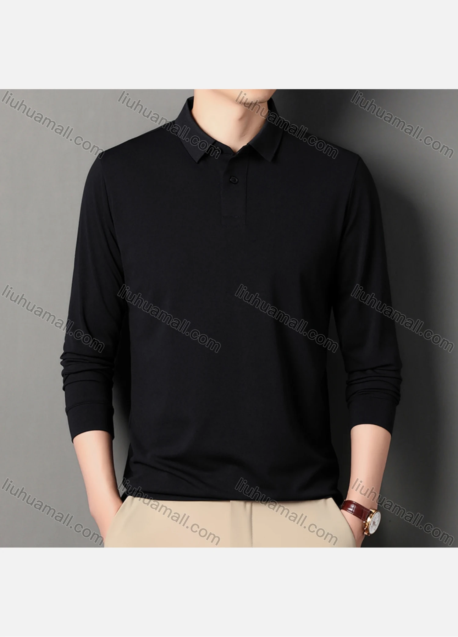 Wholesale Men's Business Plain Long Sleeve Slim Fit Polo Shirt 2515# - Liuhuamall