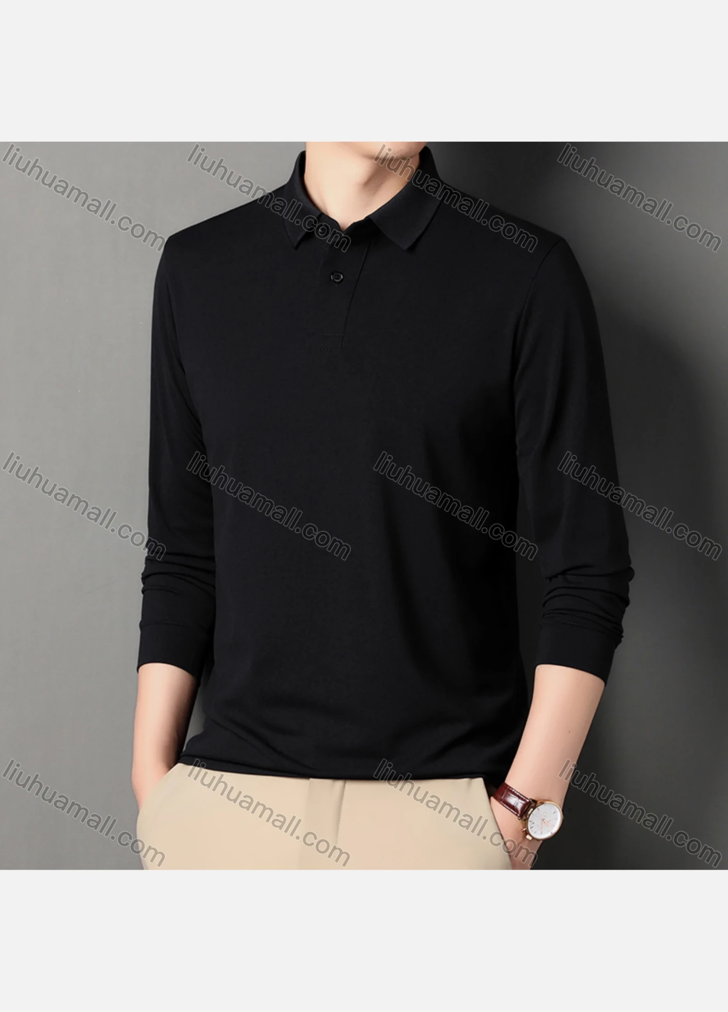 Wholesale Men's Business Plain Long Sleeve Slim Fit Polo Shirt 2515# - Liuhuamall