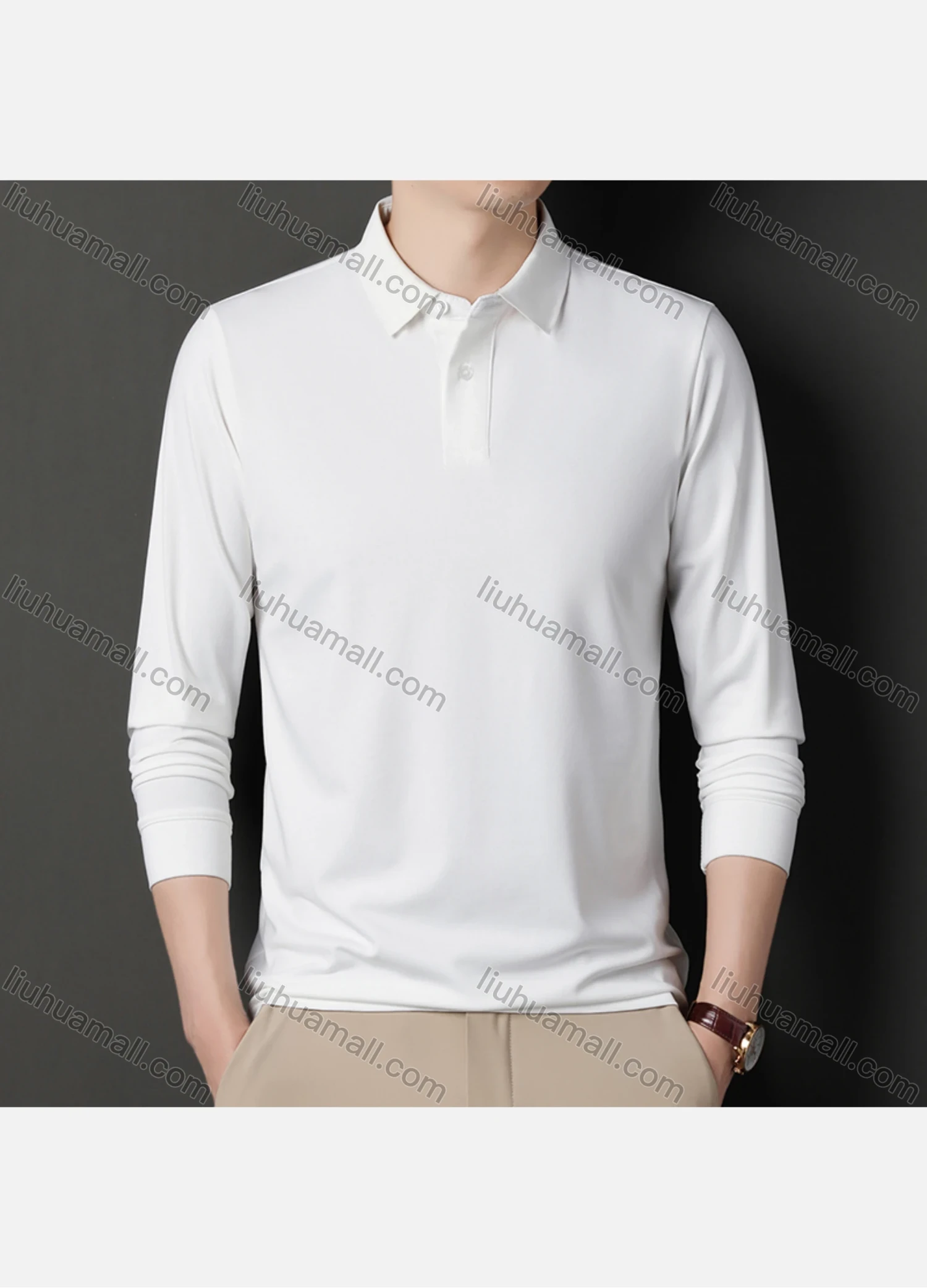 Wholesale Men's Business Plain Long Sleeve Slim Fit Polo Shirt 2515# - Liuhuamall