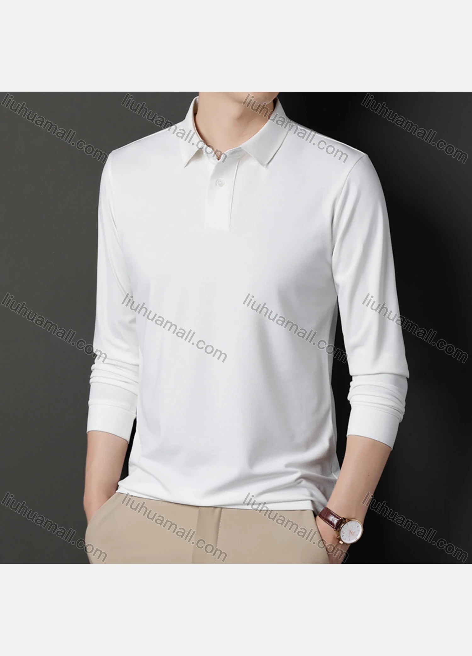 Wholesale Men's Business Plain Long Sleeve Slim Fit Polo Shirt 2515# - Liuhuamall