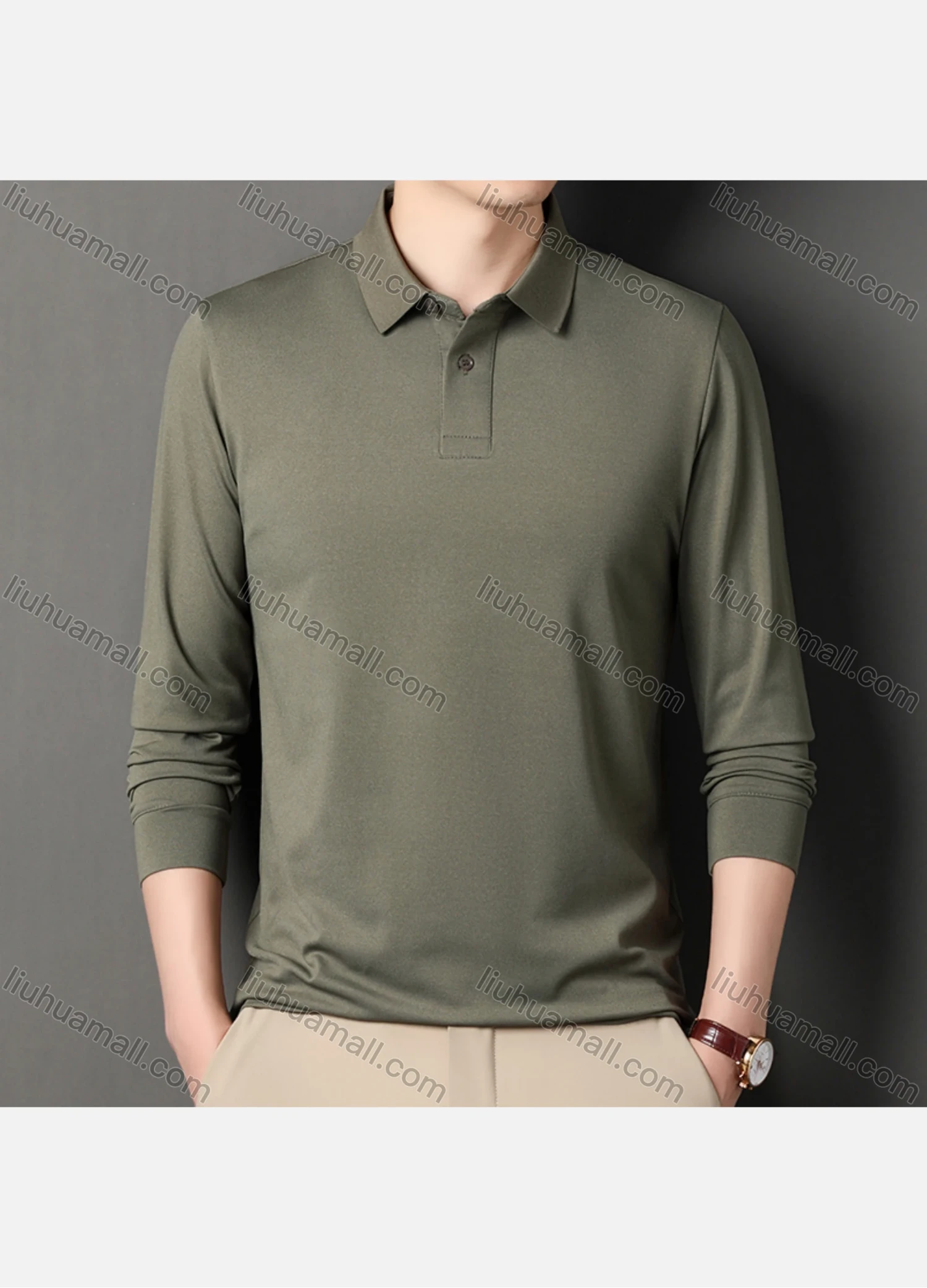 Wholesale Men's Business Plain Long Sleeve Slim Fit Polo Shirt 2515# - Liuhuamall