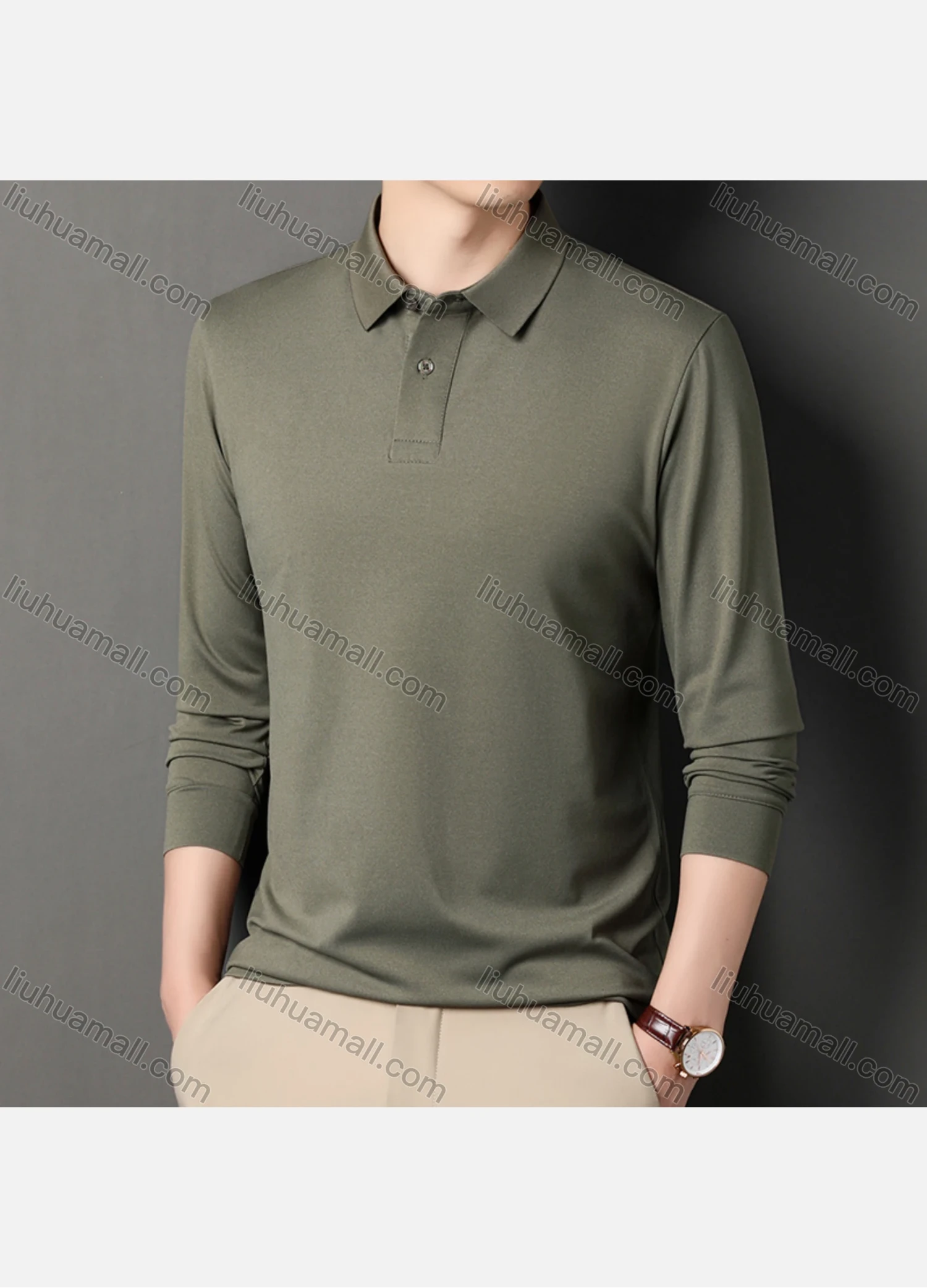 Wholesale Men's Business Plain Long Sleeve Slim Fit Polo Shirt 2515# - Liuhuamall