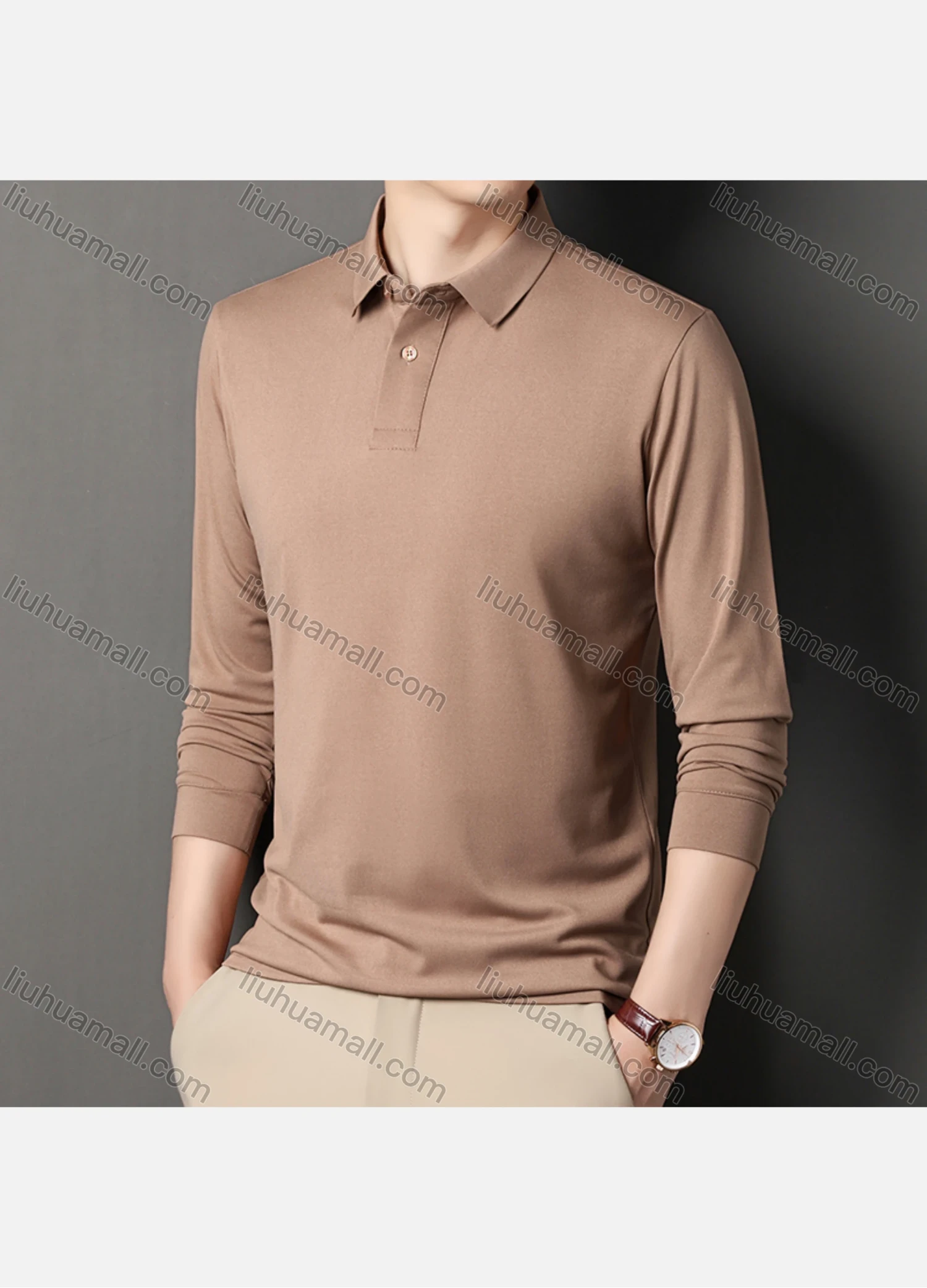 Wholesale Men's Business Plain Long Sleeve Slim Fit Polo Shirt 2515# - Liuhuamall