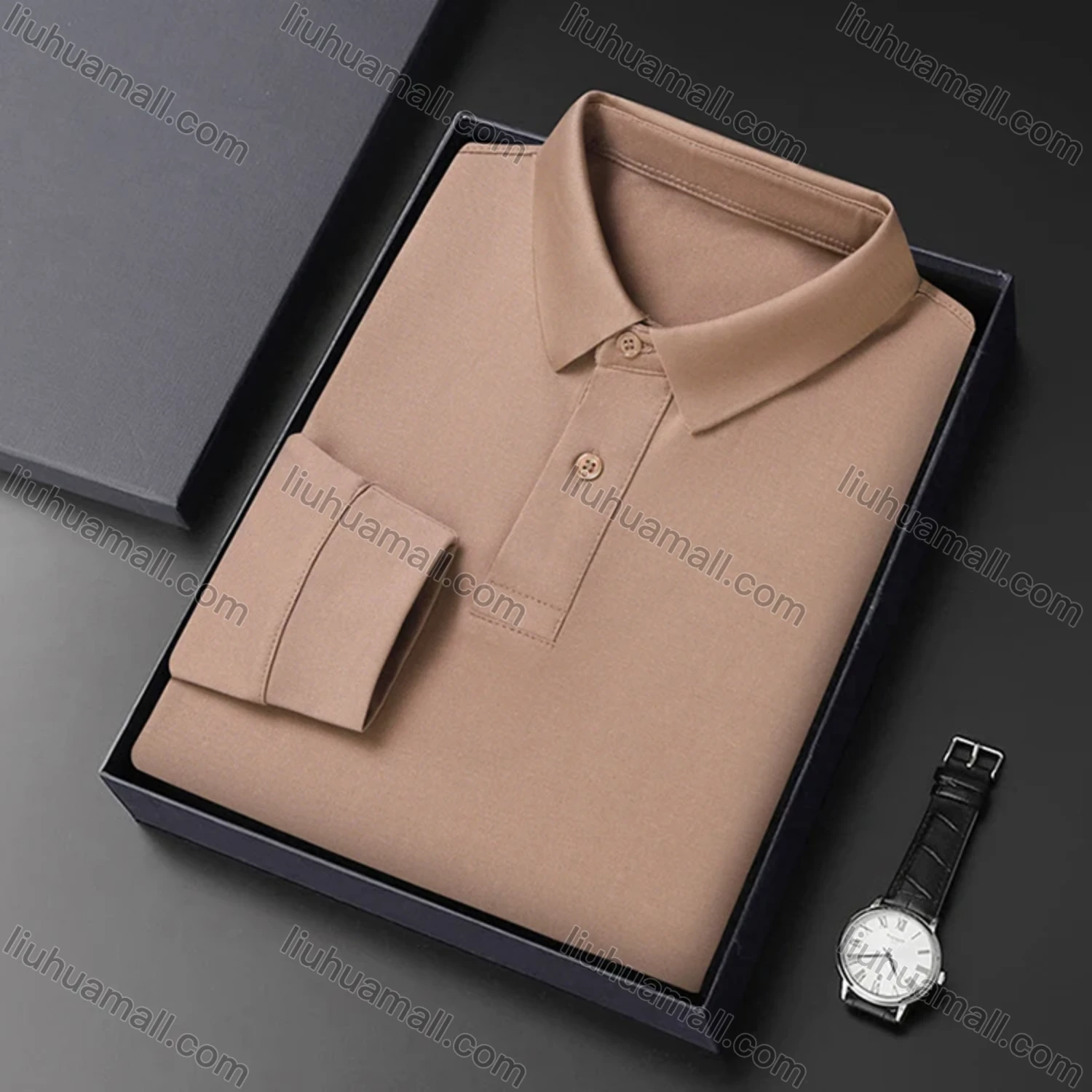 Wholesale Men's Business Plain Long Sleeve Slim Fit Polo Shirt 2515# - Liuhuamall