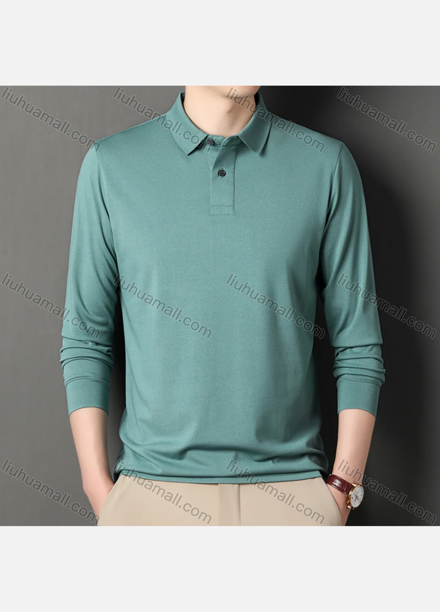 Wholesale Men's Business Plain Long Sleeve Slim Fit Polo Shirt 2515# - Liuhuamall